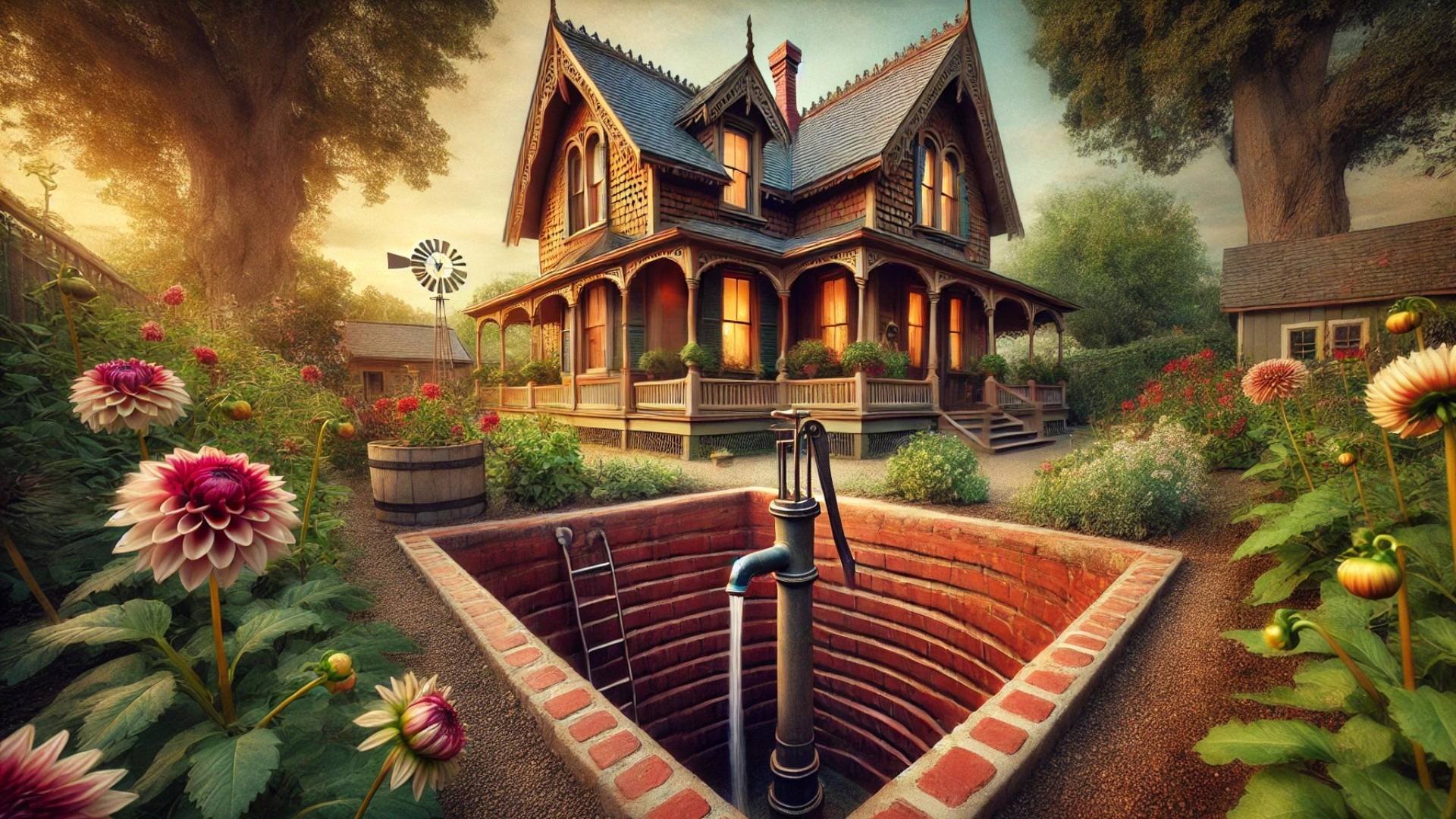 depicting a beautifully detailed 19th-century American home with a steep Victorian-style roof, designed for rainwater collection, complete with copper-lined gutters directing water into a visible underground brick cistern