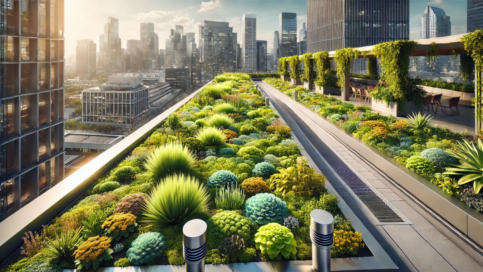 lush green rooftop garden, designed with sustainability in mind, featuring an advanced irrigation system, rainwater collection, and a thriving variety of plants