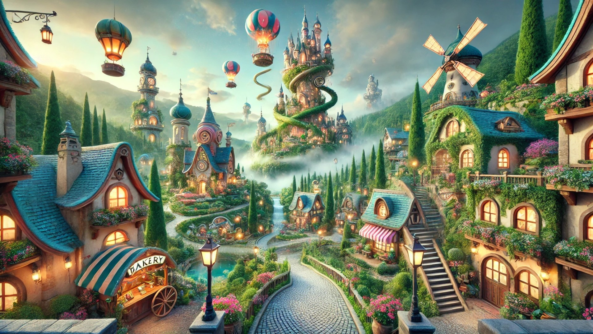 magical fantasy village with whimsical architecture, inspired by European fairytales