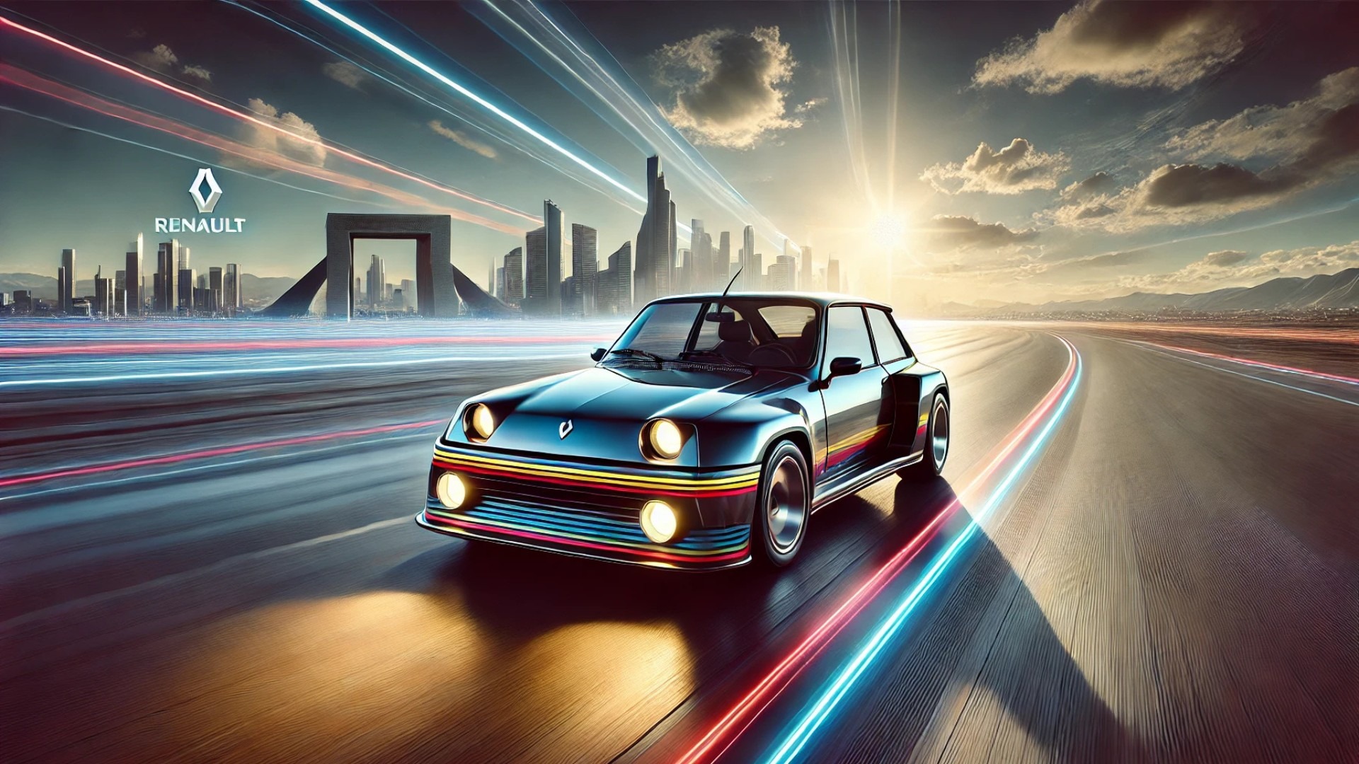 Futuristic electric mini supercar, the Renault Turbo 3E, on an open road.