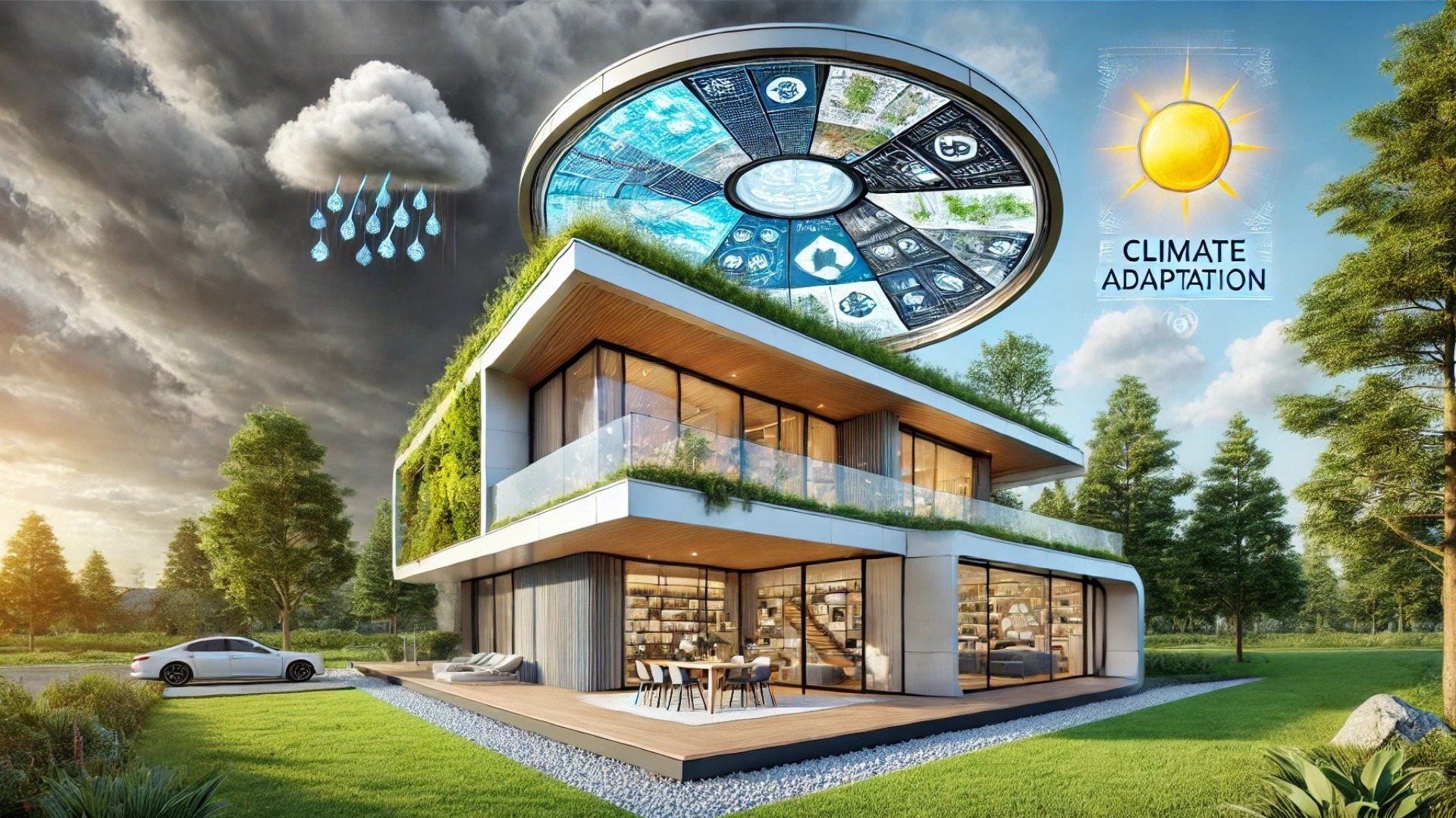 futuristic, eco-friendly house with a high-tech, climate-adaptive roof designed to withstand extreme weather conditions