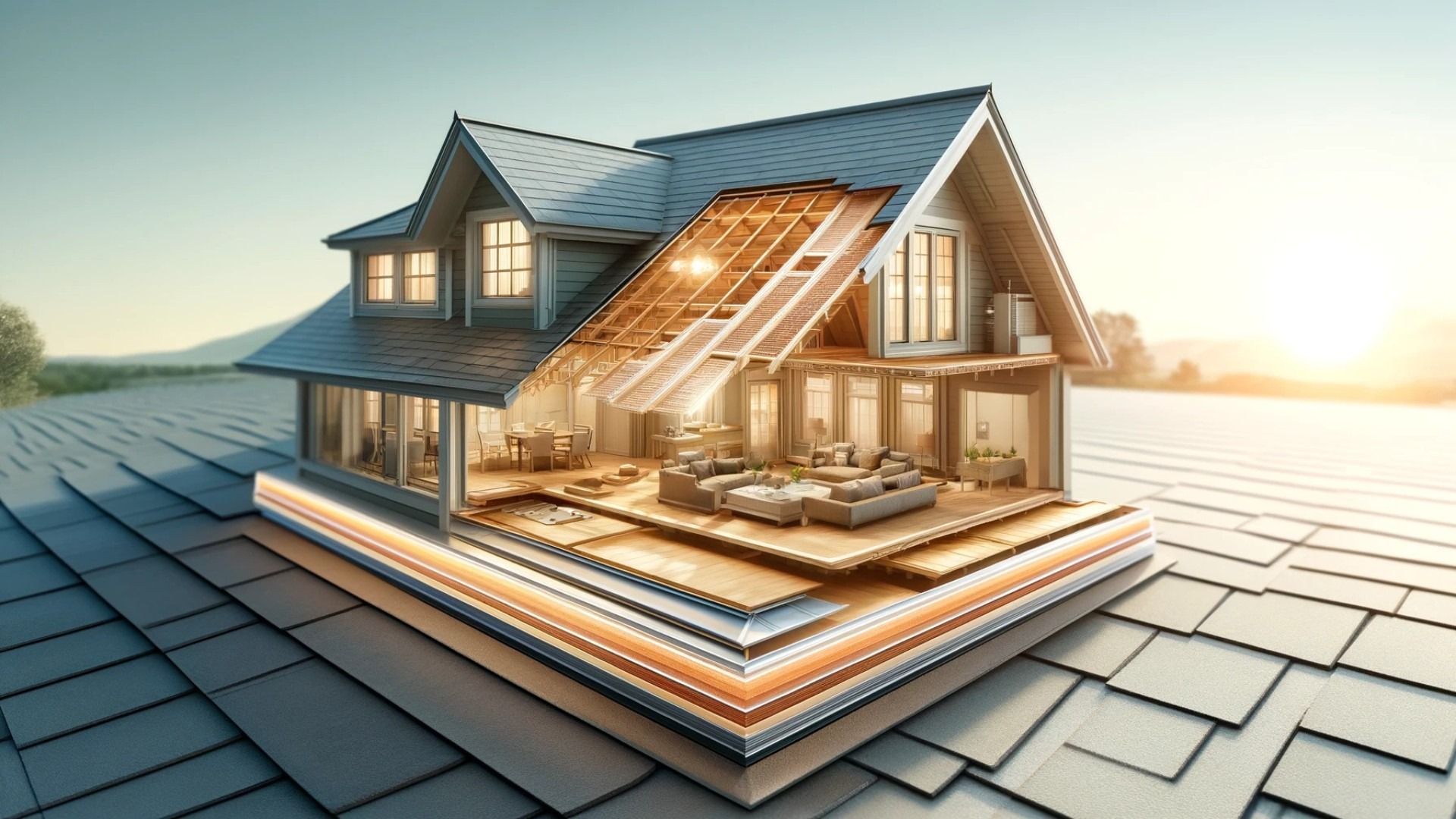 modern roof structure, highlighting the multiple protective layers, including roof shingles, synthetic underlayment, and roof decking