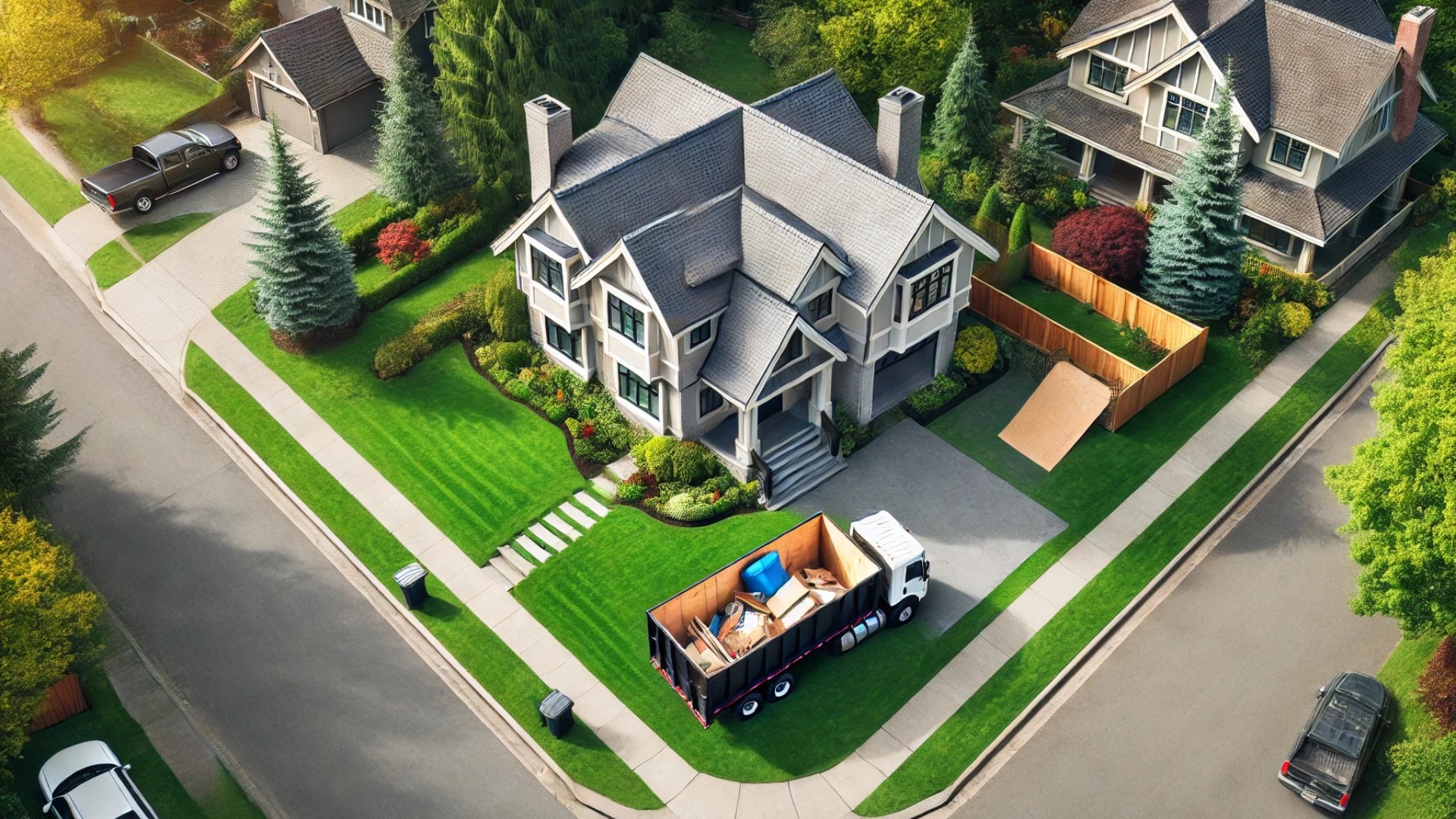 beautifully renovated large house, with all post-renovation debris neatly contained in a dumpster