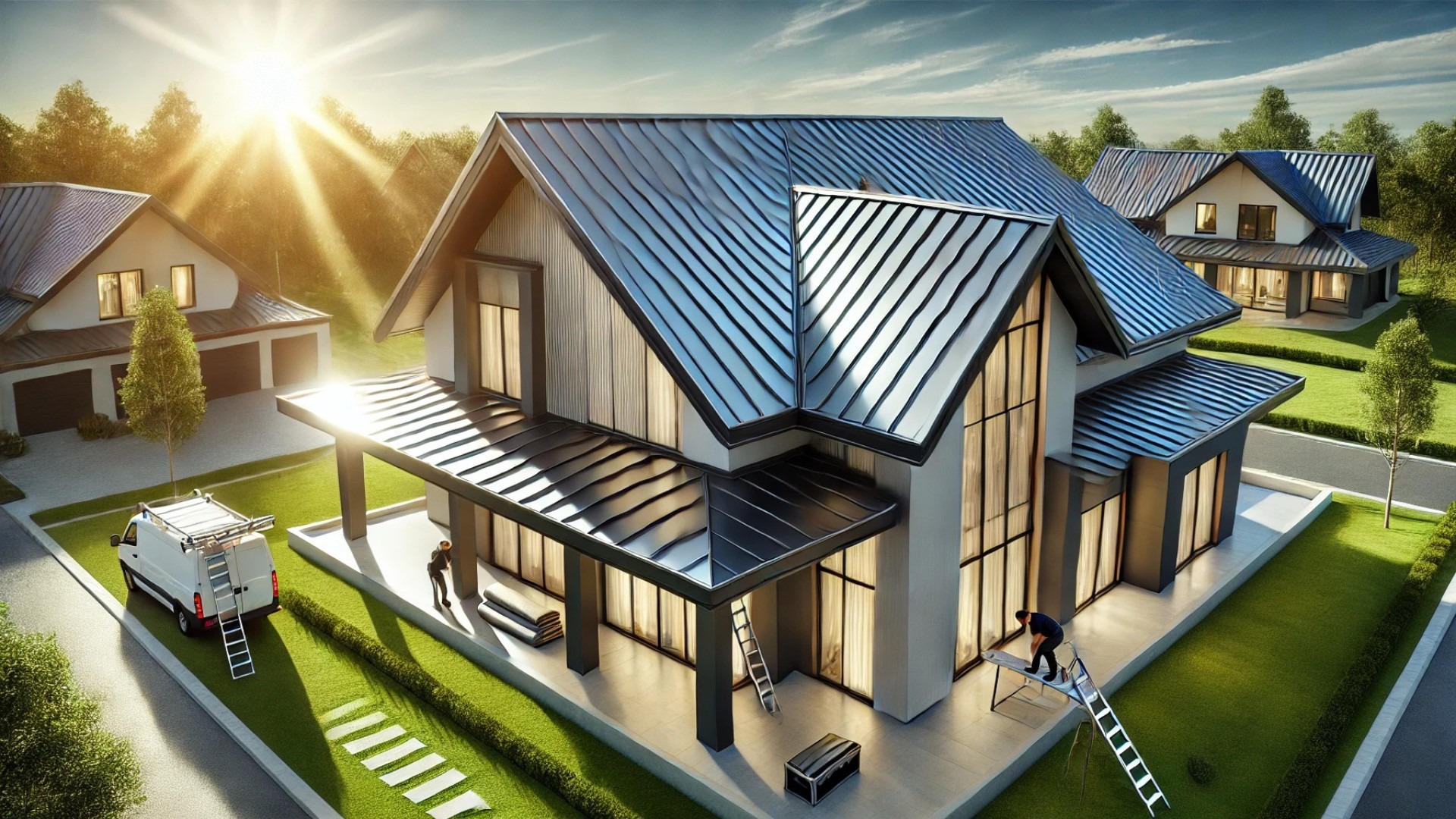 beautifully designed modern home with a newly installed sleek metal roof, emphasizing its durability and aesthetic appeal