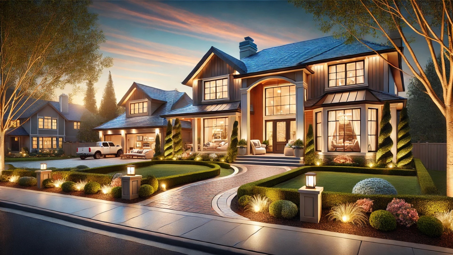 luxurious, well-staged home in an upscale neighborhood, featuring immaculate landscaping, professional staging, and elegant lighting
