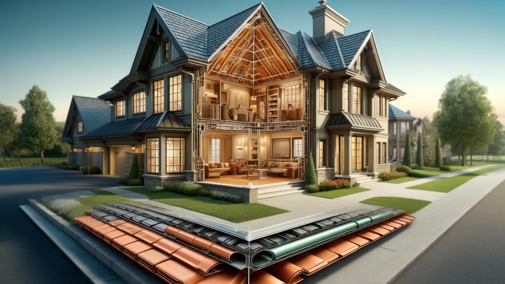 depicting the concept of roof weight and structural integrity in an upscale home
