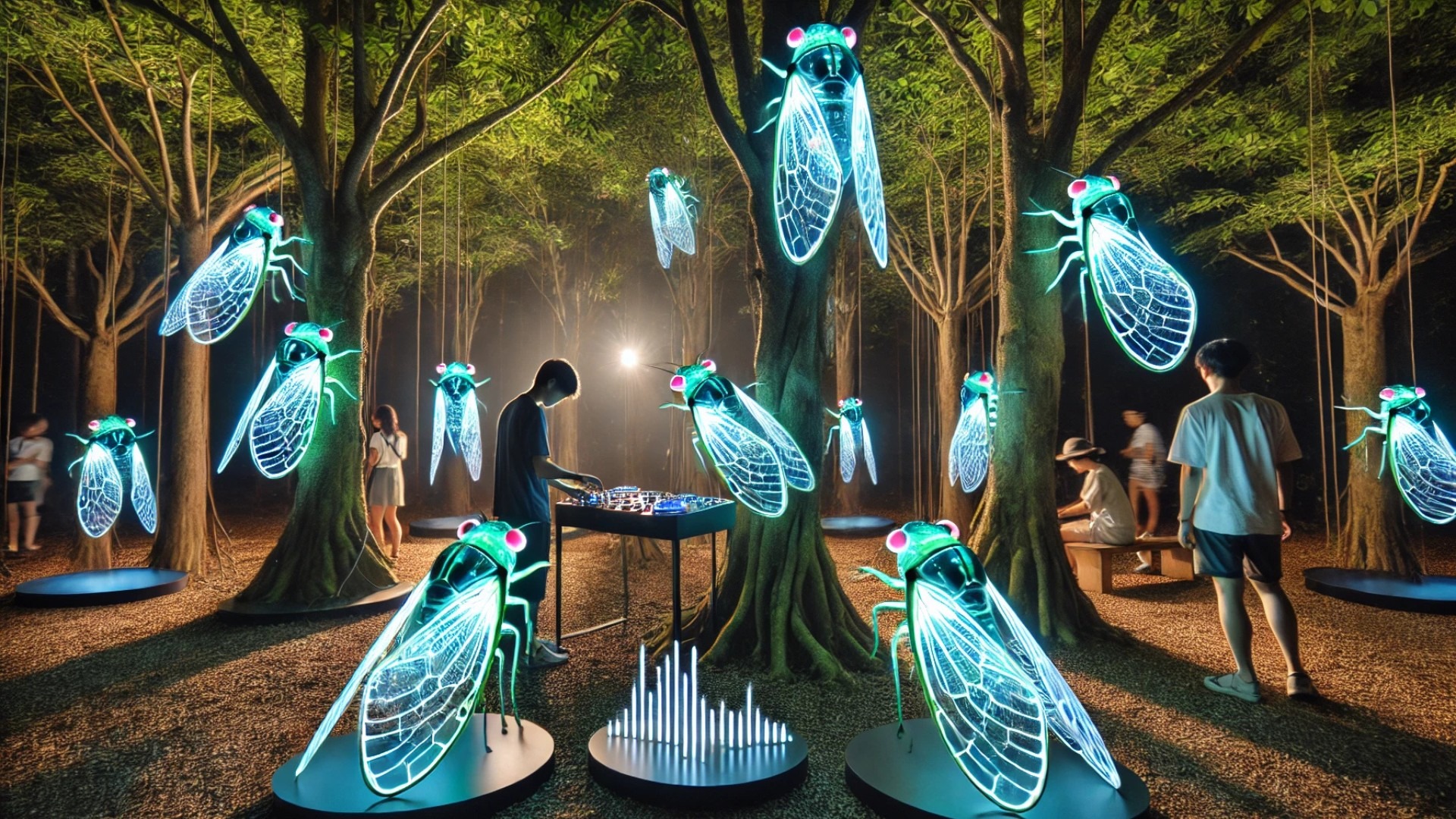 interactive sound installation, featuring glowing electronic cicada-like insects within a lush, futuristic forest