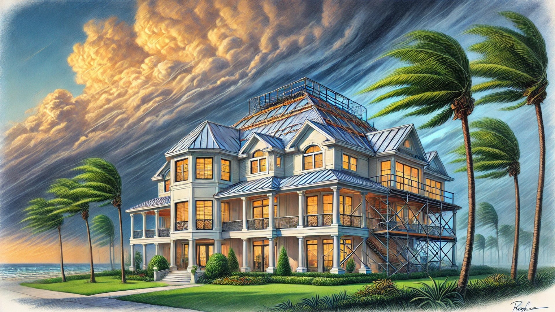 luxurious home reinforced for hurricane protection, showcasing impact-resistant windows, storm shutters, and a well-maintained roof