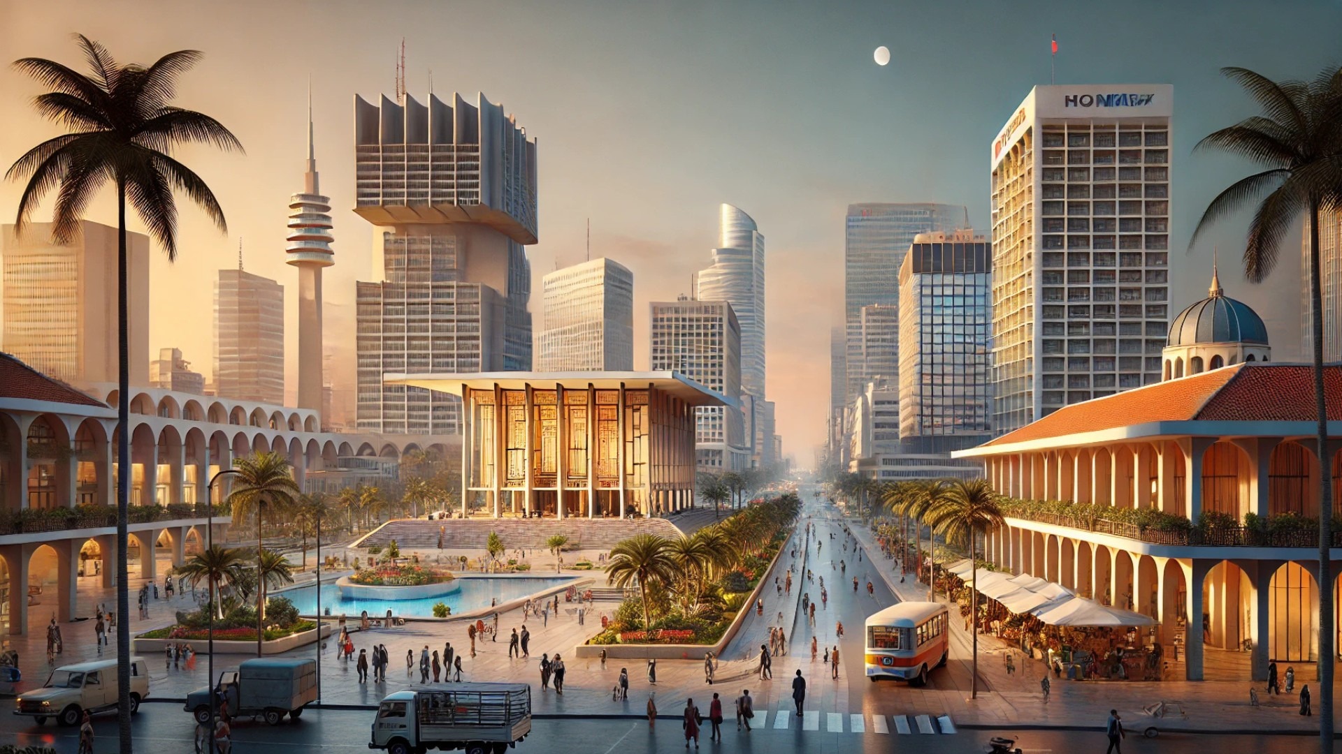 modern cityscape in the Global South, showcasing mid-century architectural influences from foreign architects while blending with local design elements
