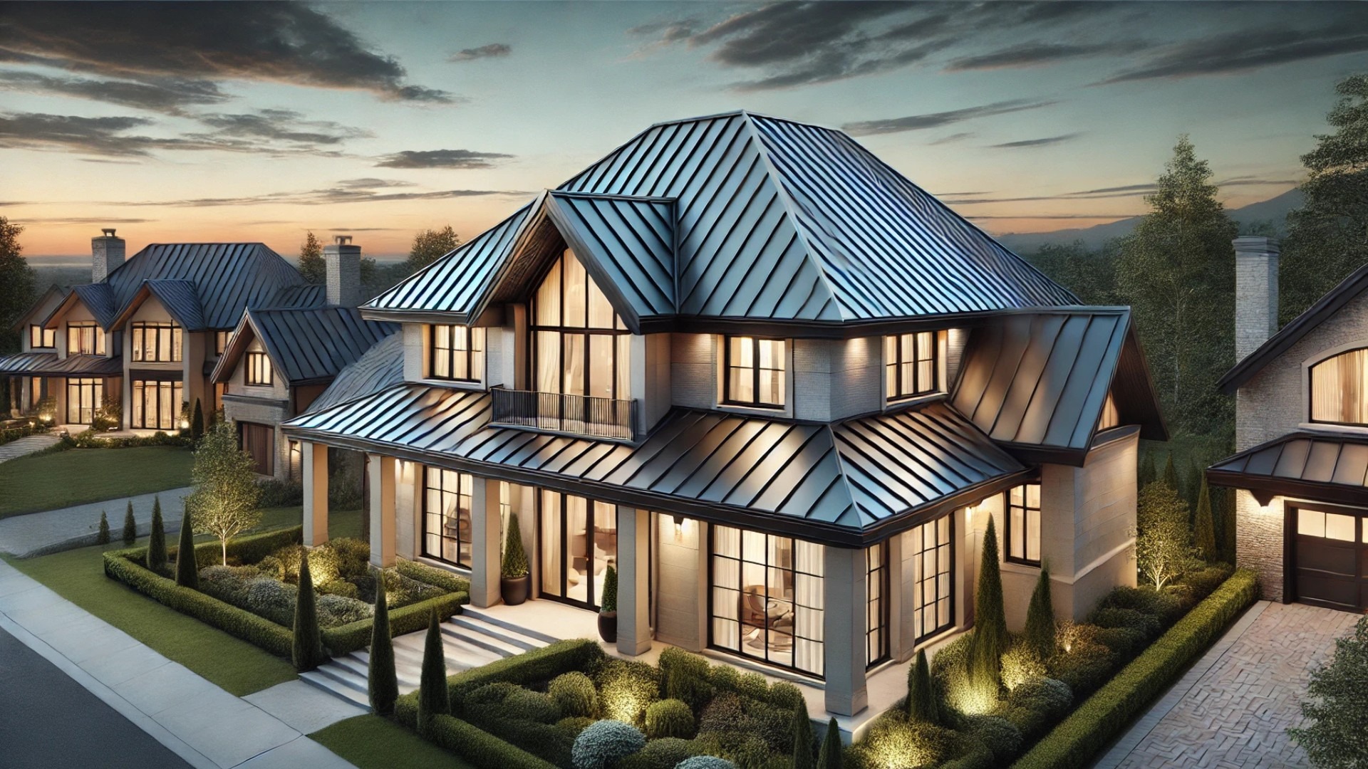 luxurious upscale home featuring a sleek metal roof with a subtle oil canning effect