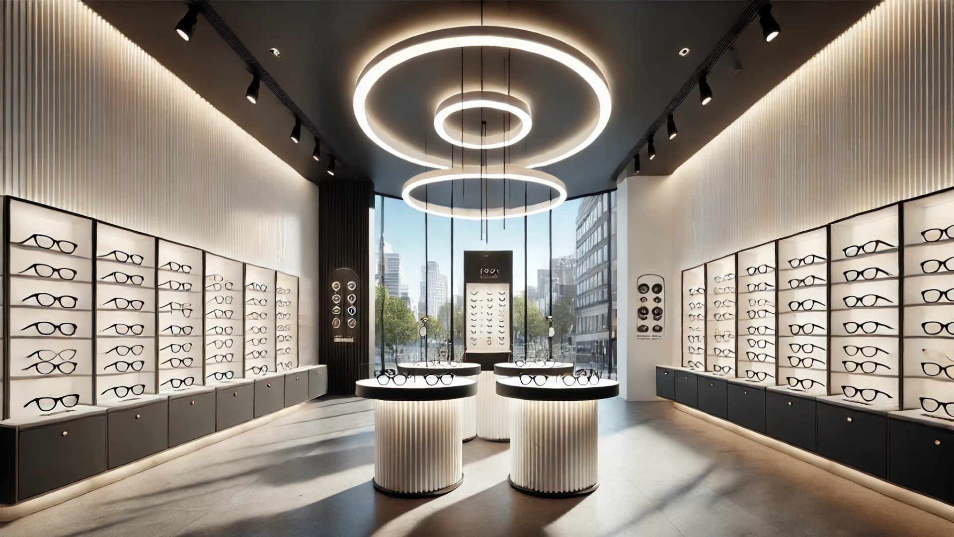 visual interpretation of the GLASS STAR Eyewear Shop—highlighting its minimalistic and gallery-inspired aesthetic