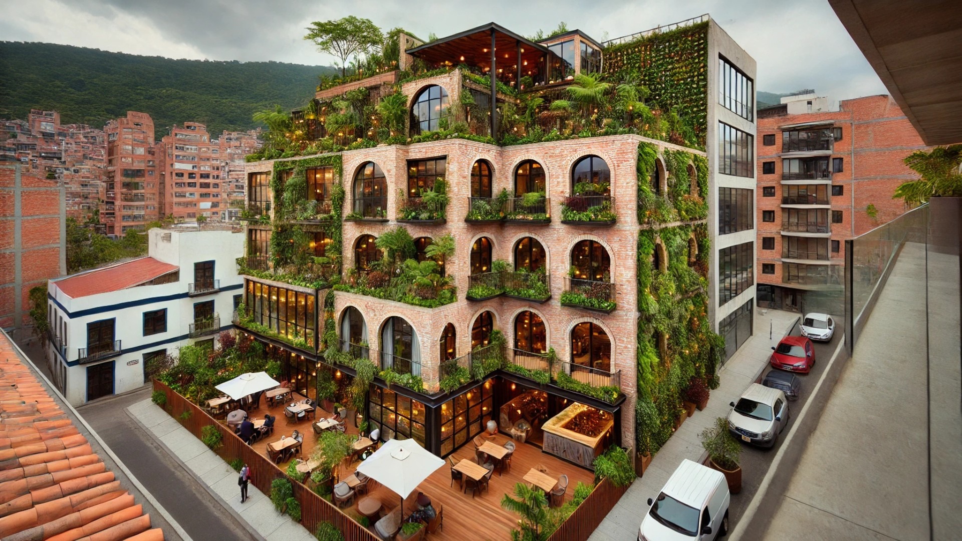inspired by the Hotel El Zarzo in Medellín, showcasing its sustainable brick facade, lush living wall, and biophilic design integrated into an urban environment