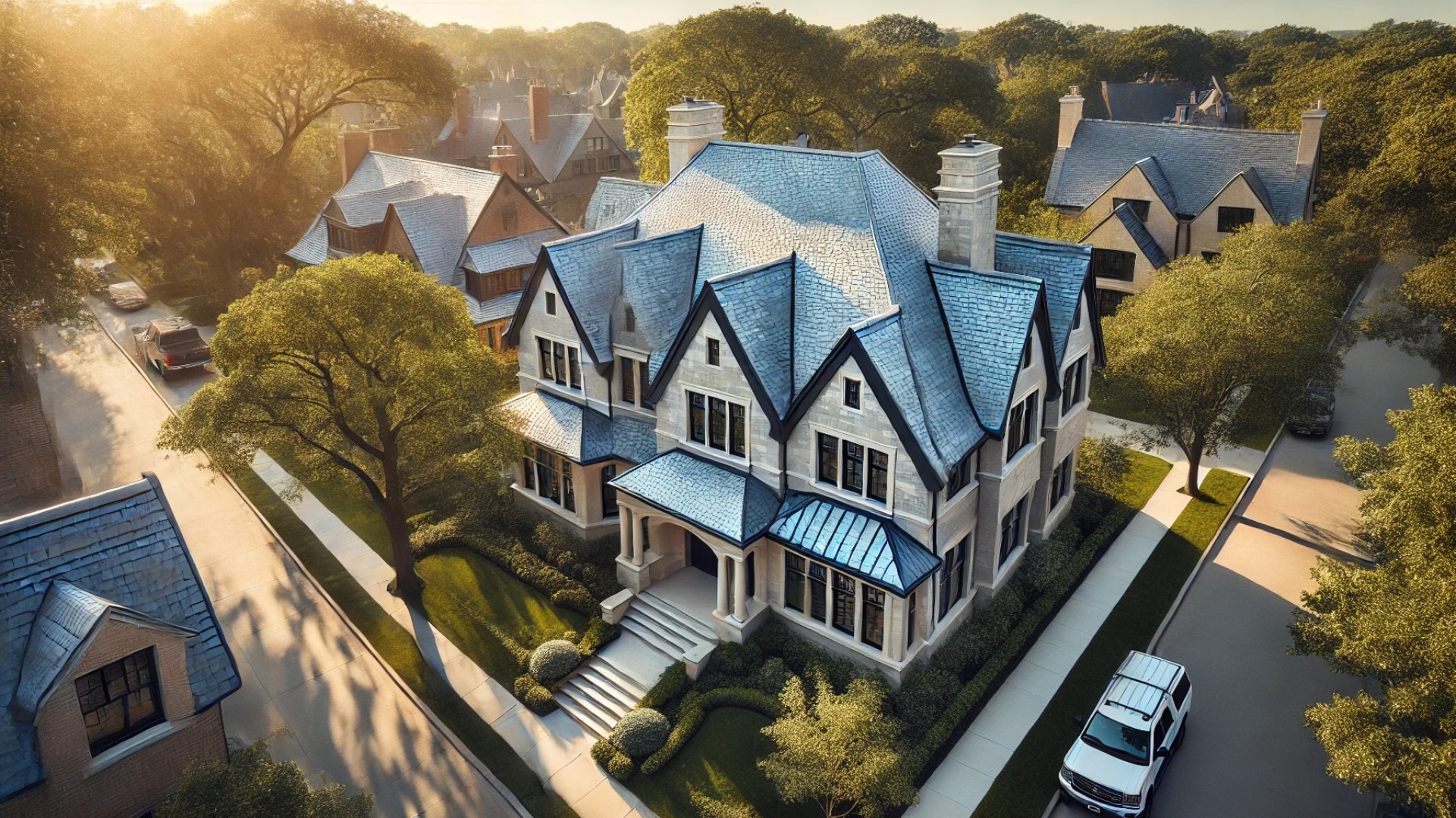 uxurious home with a newly installed slate roof, capturing the refined aesthetic and timeless elegance that slate roofing brings to upscale properties