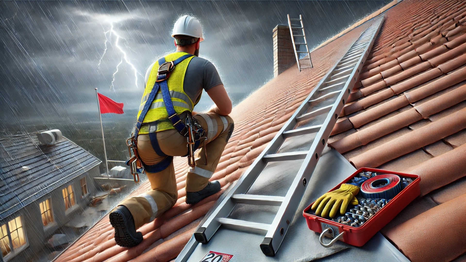 Rooftop worker adhering to safety tips under blue sky.