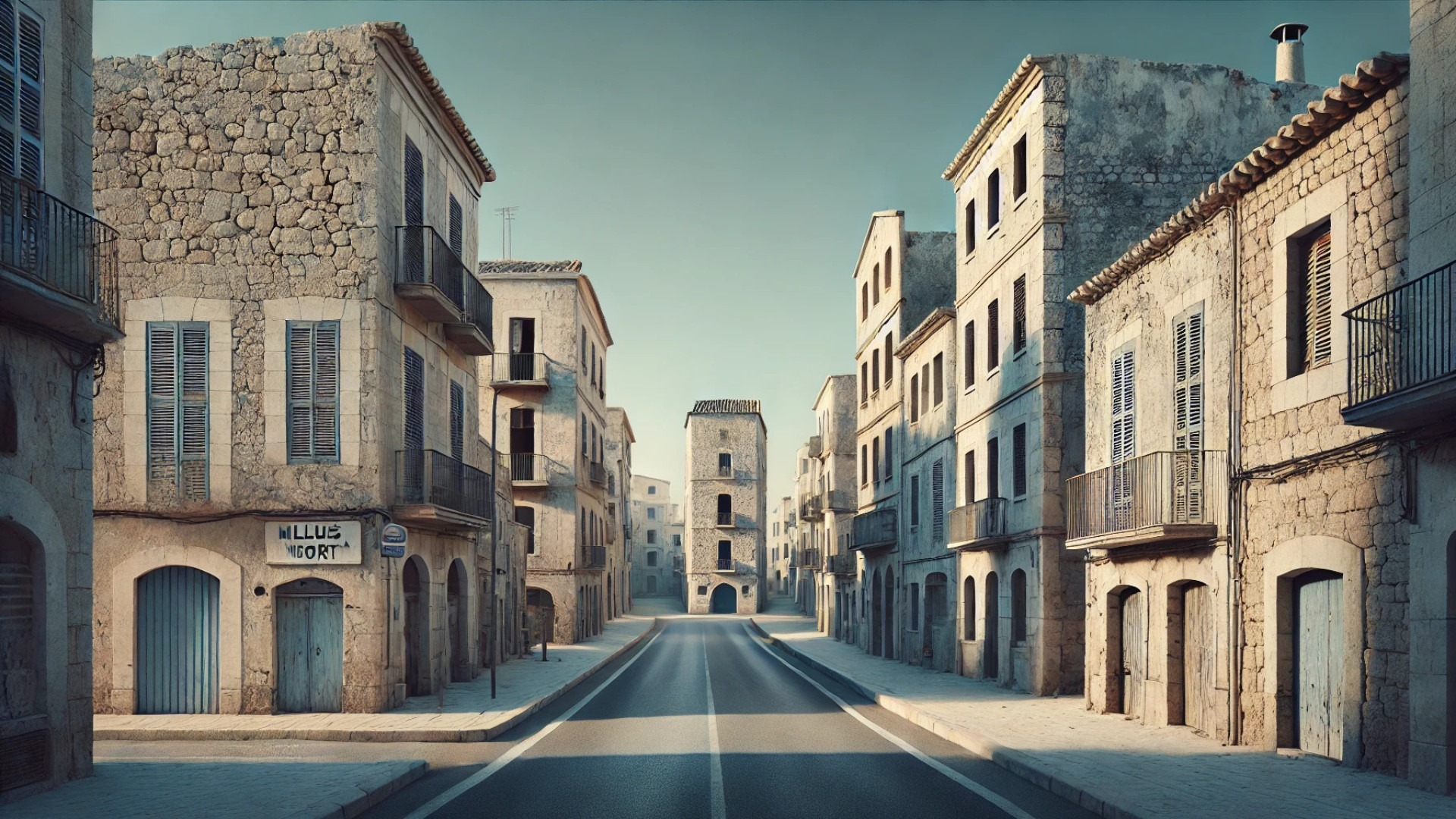 street view of abandoned Mallorca — where Mediterranean facades crumble quietly under a soft blue sky. Inspired by Empty Architectures