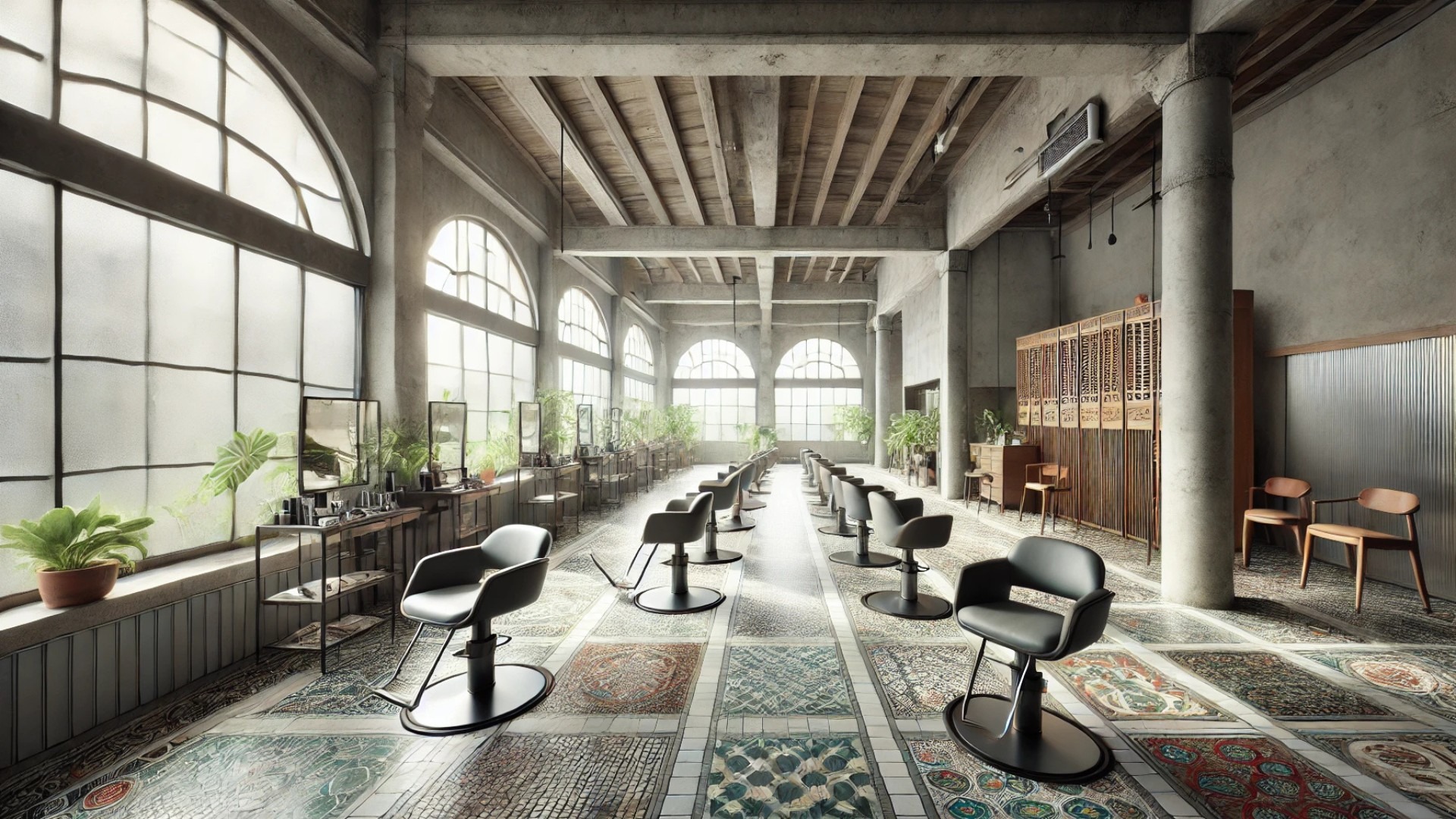 evocative look inside STUDS Hair Salon — where old mosaic floors meet sleek, gray minimalism in a tranquil fusion of history and modernity