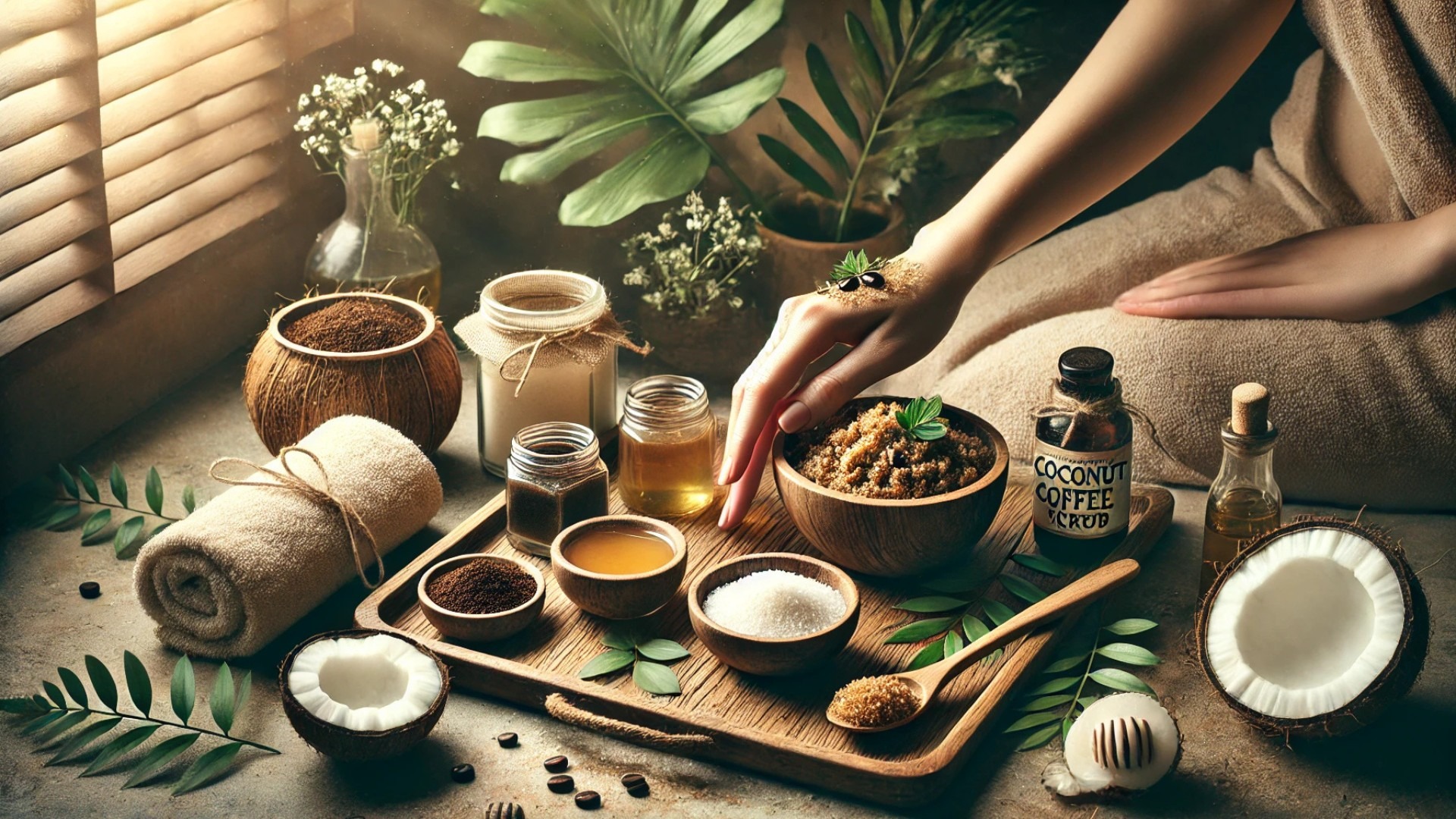 beautifully styled DIY exfoliating coconut coffee scrub moment