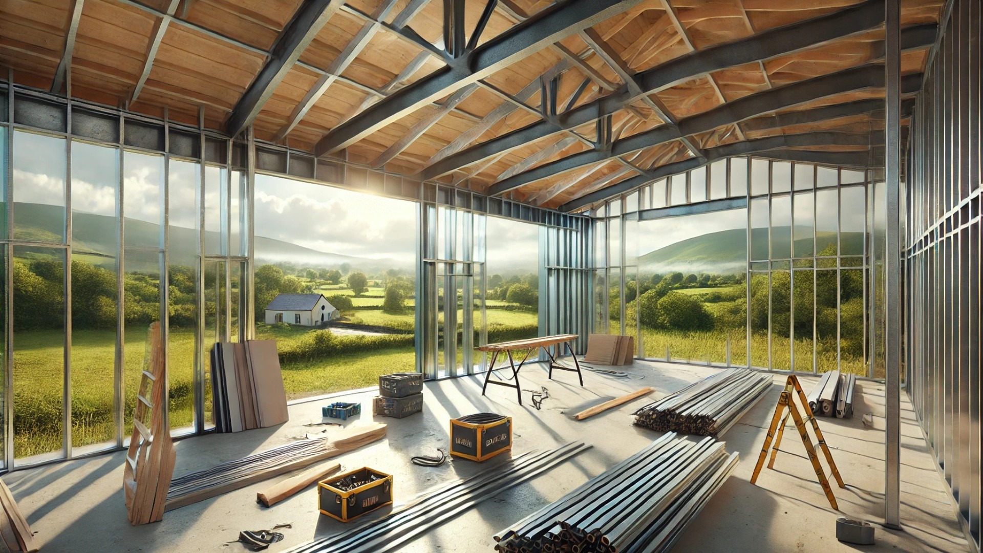 modern steel framework opens onto the soft hills of the Irish countryside