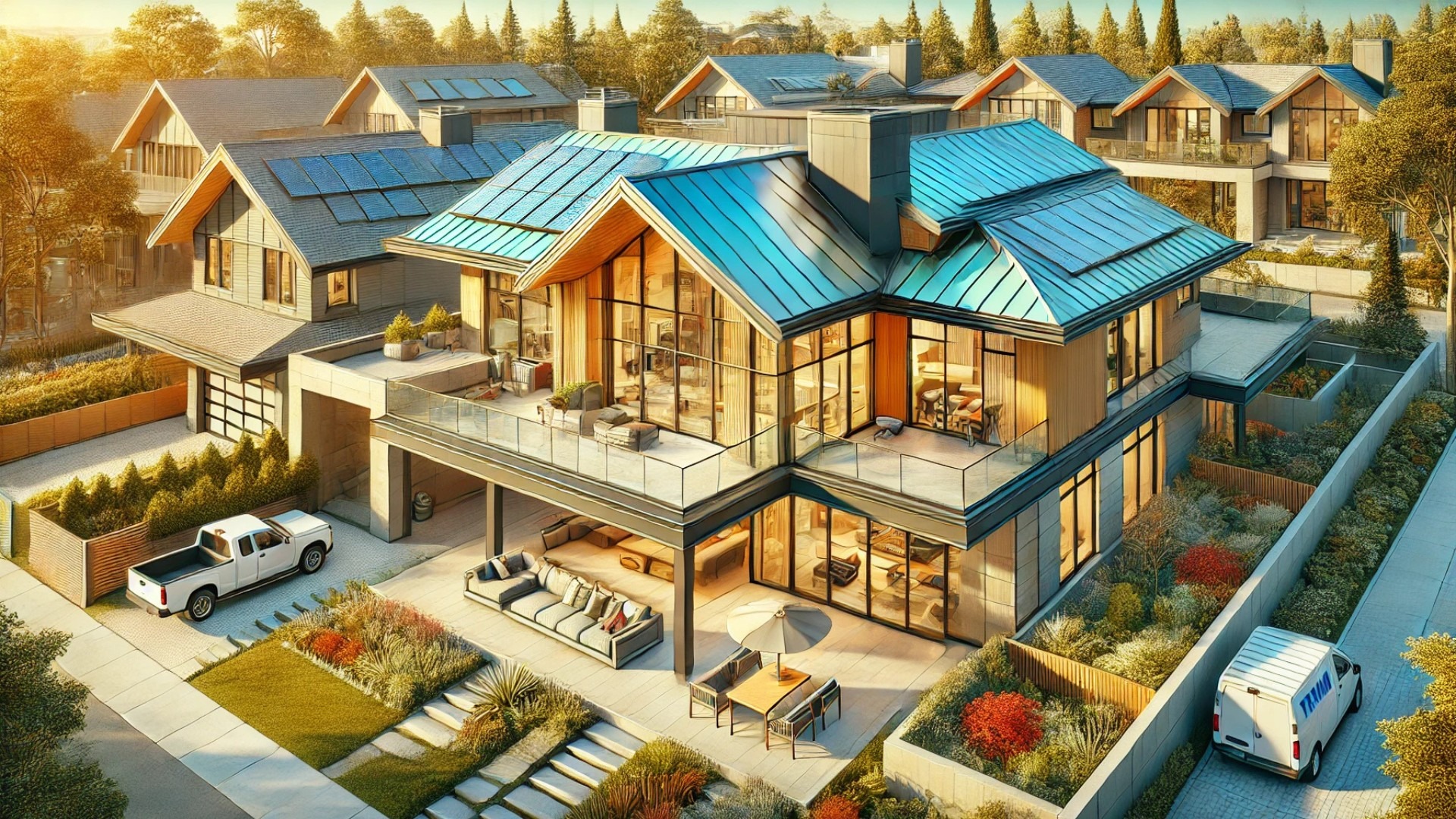 Kynar 500–coated modern residential retreat — with that perfect fusion of vibrant rooftop shine, natural materials, and sustainable living