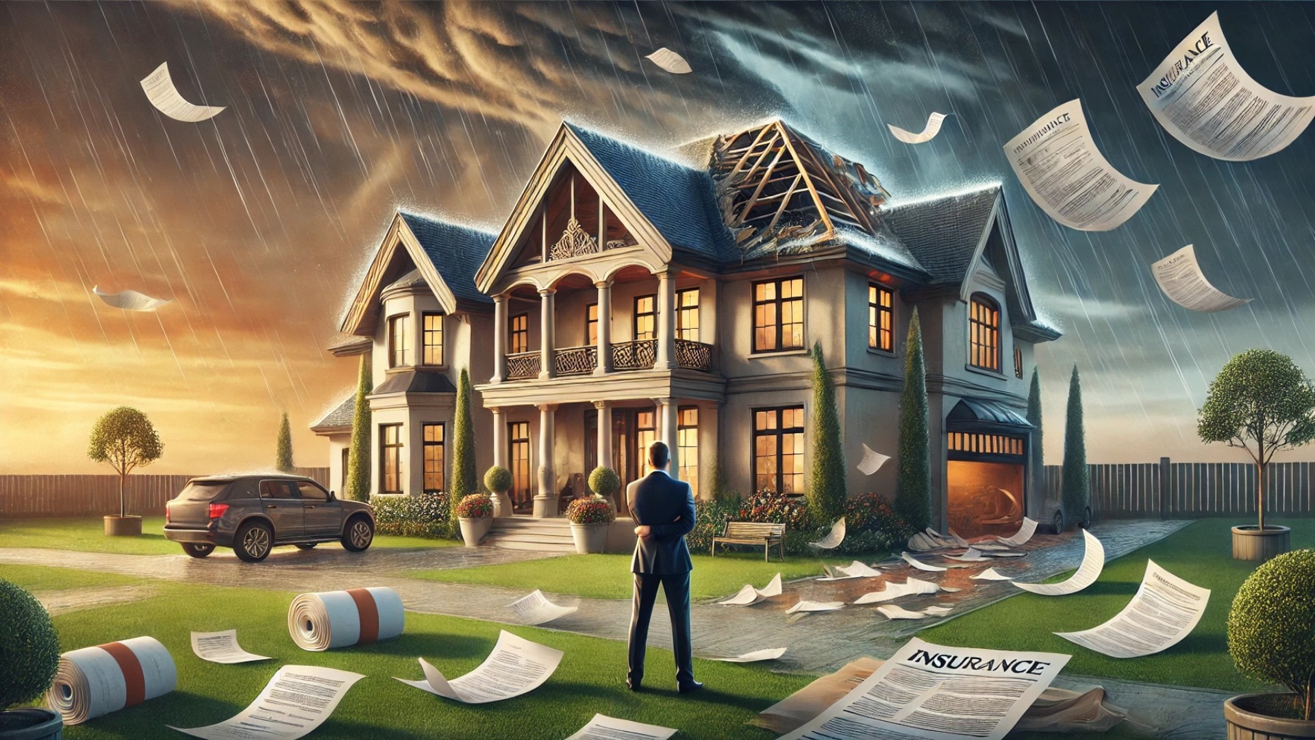 emotive, symbolic portrayal of a homeowner standing strong amid stormy challenges — a damaged roof, flying documents, and a quiet but luxurious home all come together to reflect the journey of appealing a denied insurance claim