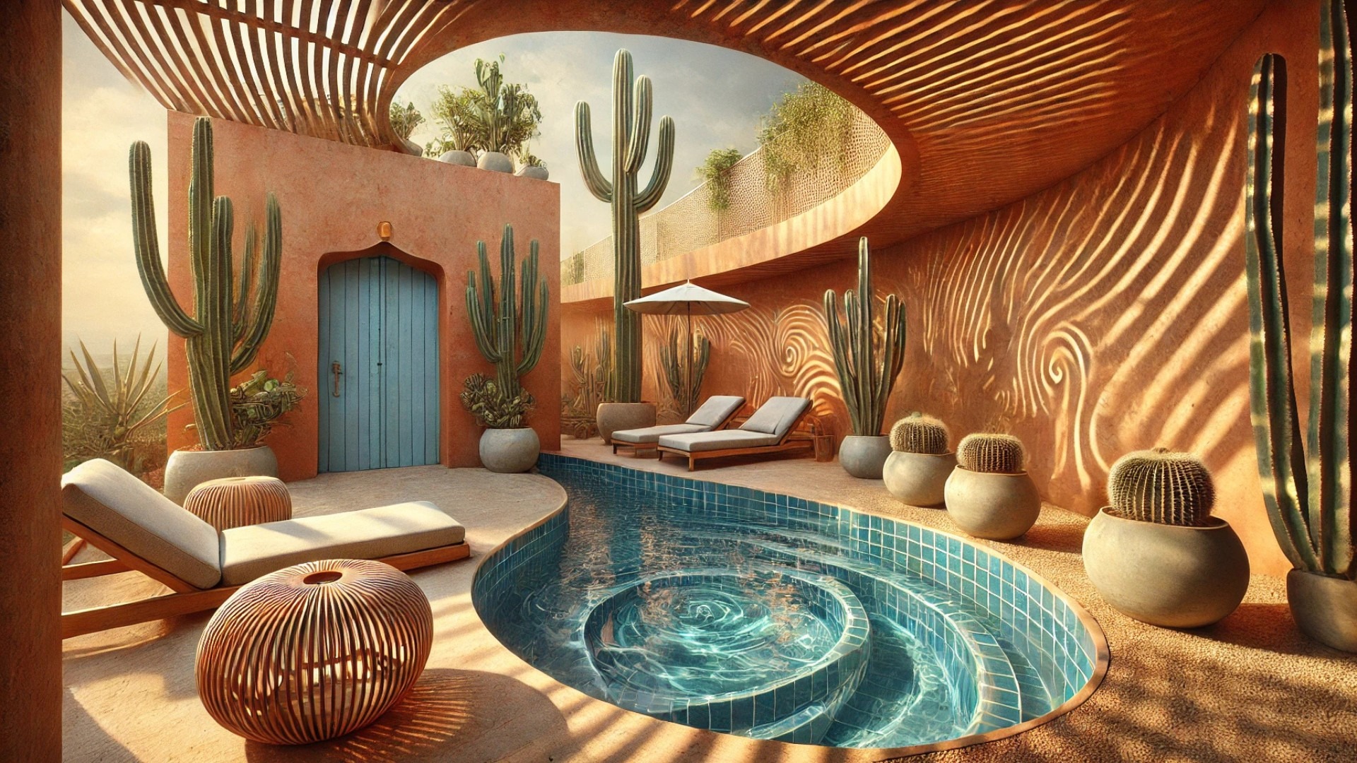 serene plunge pool close-up from the House of Dancing Cactus — curved brick walls embracing sunlit water, rattan textures, and that iconic Oxford blue door peeking through like a poetic accent