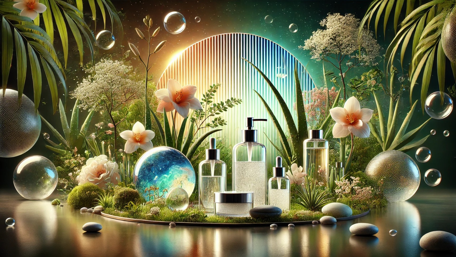 future of sustainable skincare — an eco-elegant tableau where glass bottles, bamboo textures, and lush botanicals meet serene waters and zero waste ideals