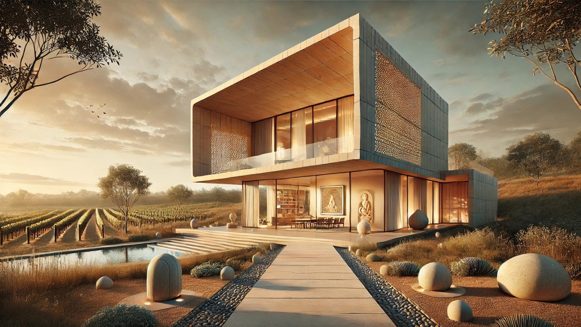 Namana House envisioned in full harmony with its vineyard backdrop. A refined, east-facing sanctuary of light, stone, and soul — brought to life with monolithic materials, jaali screens, and an open, peaceful flow