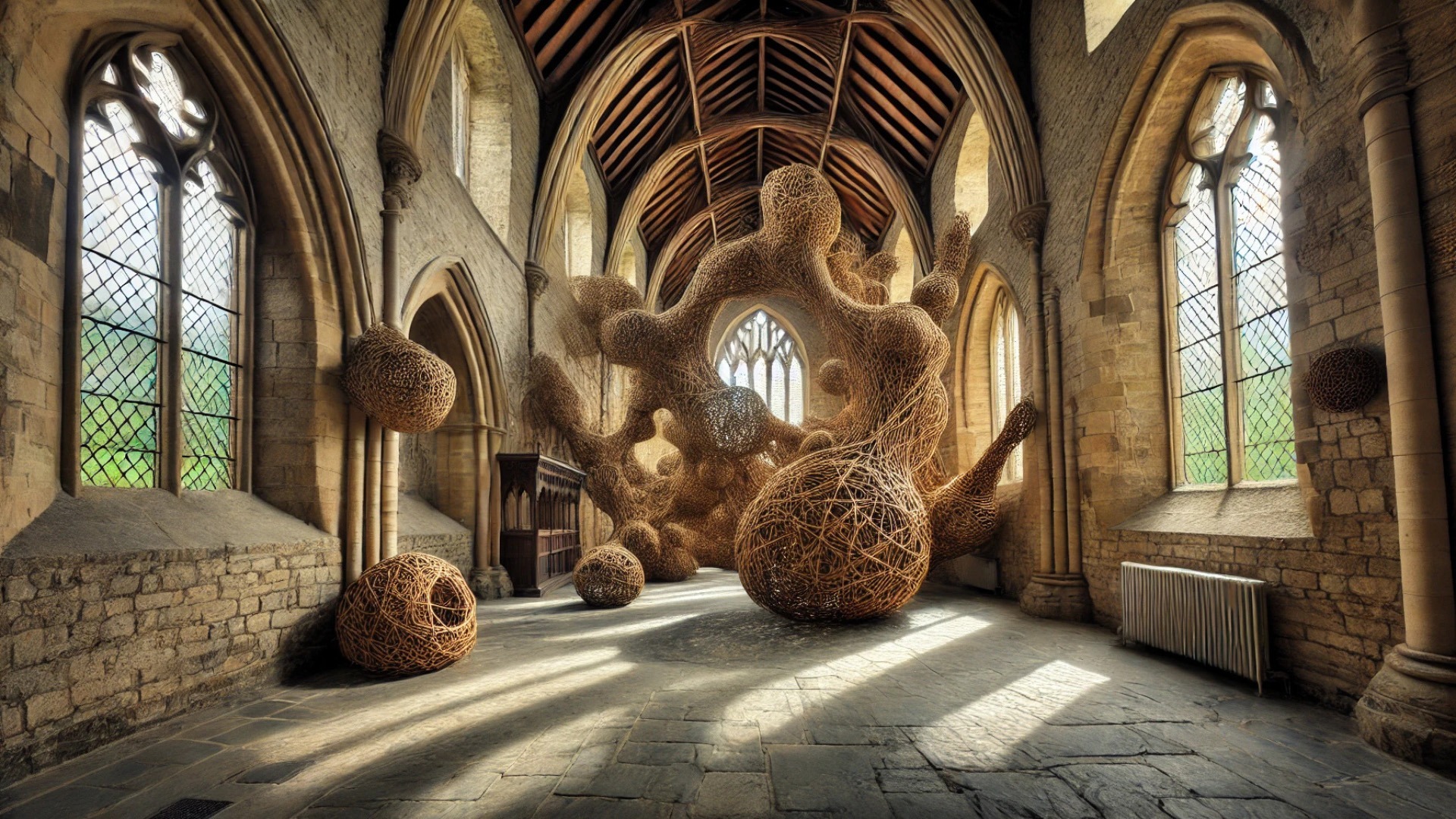 immersive vision of "Into Being" by Laura Ellen Bacon at Yorkshire Sculpture Park — an awe-inspiring harmony of hand-woven willow and sacred stone space