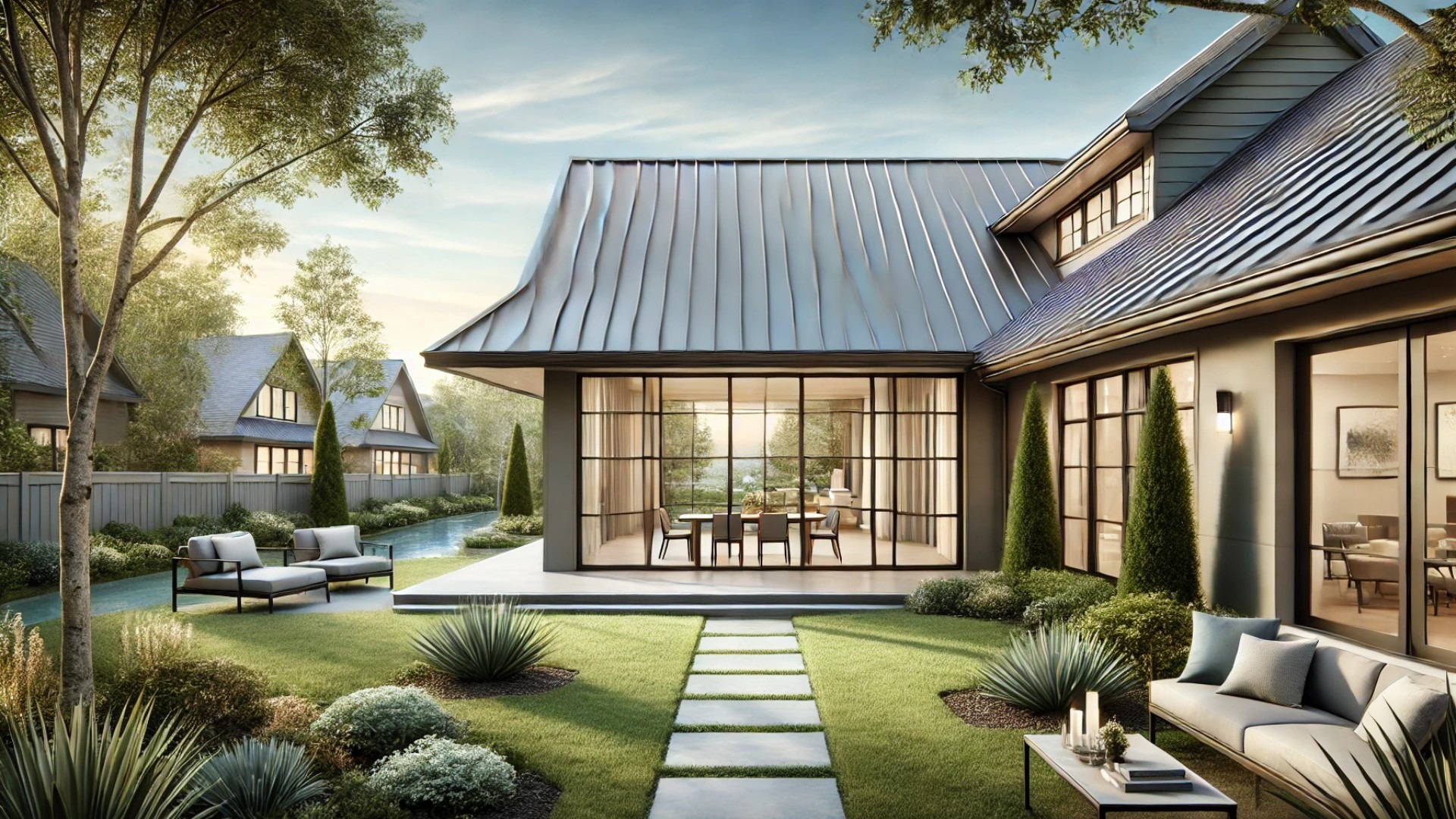 patio-view illustration of a modern home with a cleanly installed metal roof