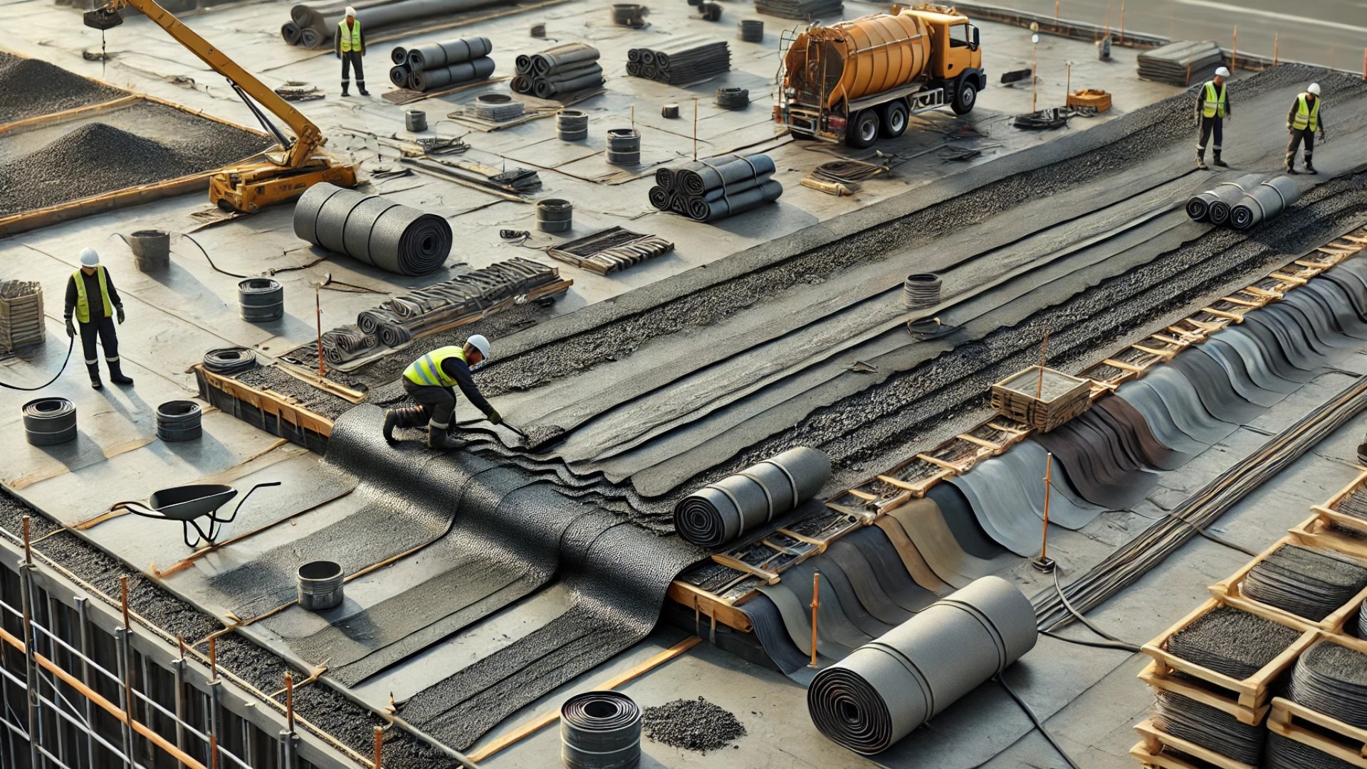 close-up of a built-up roofing system being applied on a commercial construction site