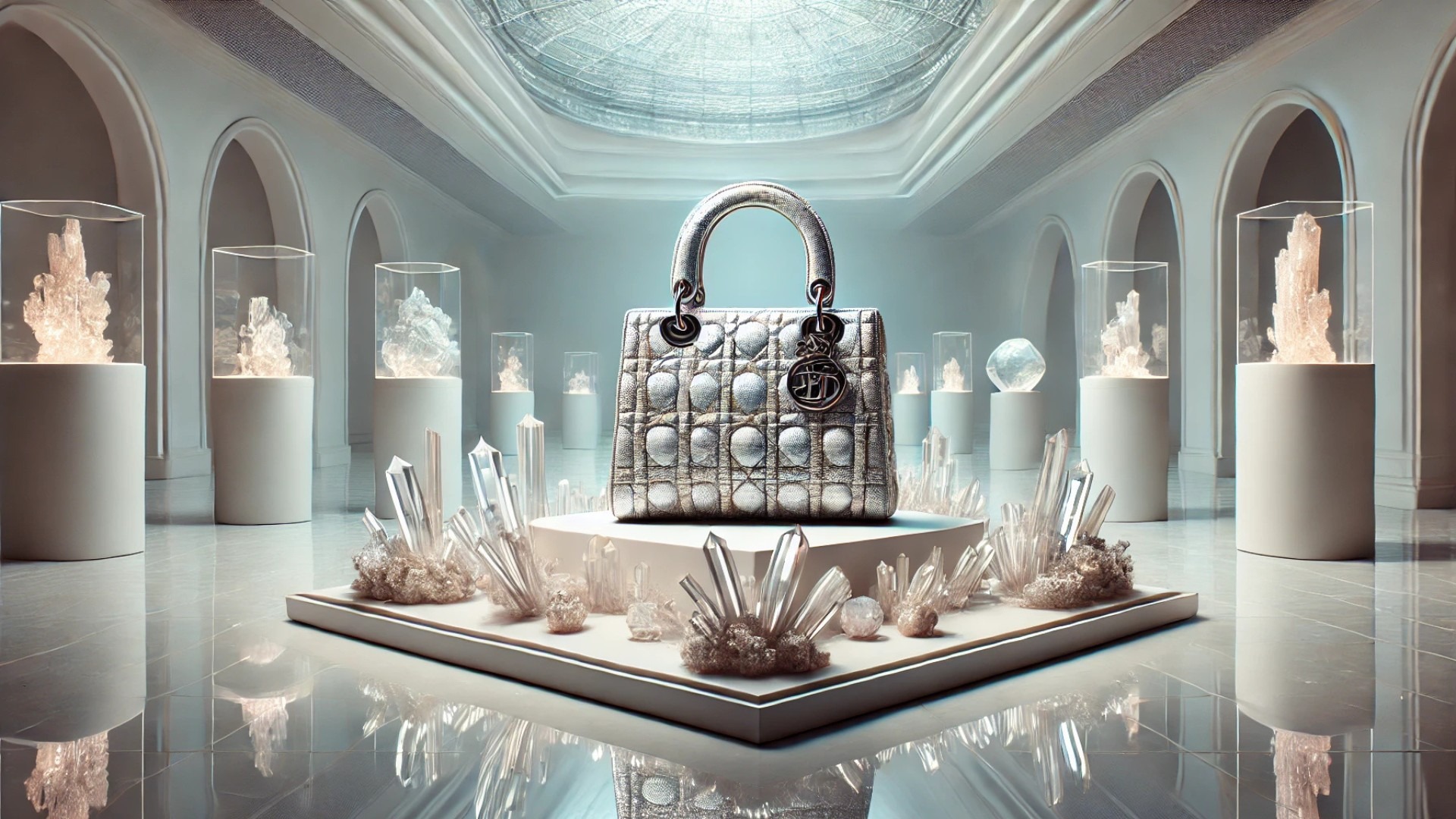the surreal elegance of the crystallized Lady Dior handbag in a luxurious gallery setting