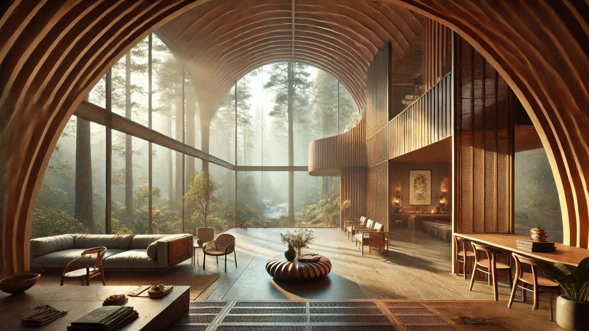 Whispering Arc House rendered in full harmony with nature, surrounded by the forested calm of Uttarakhand’s Bhabar region.
