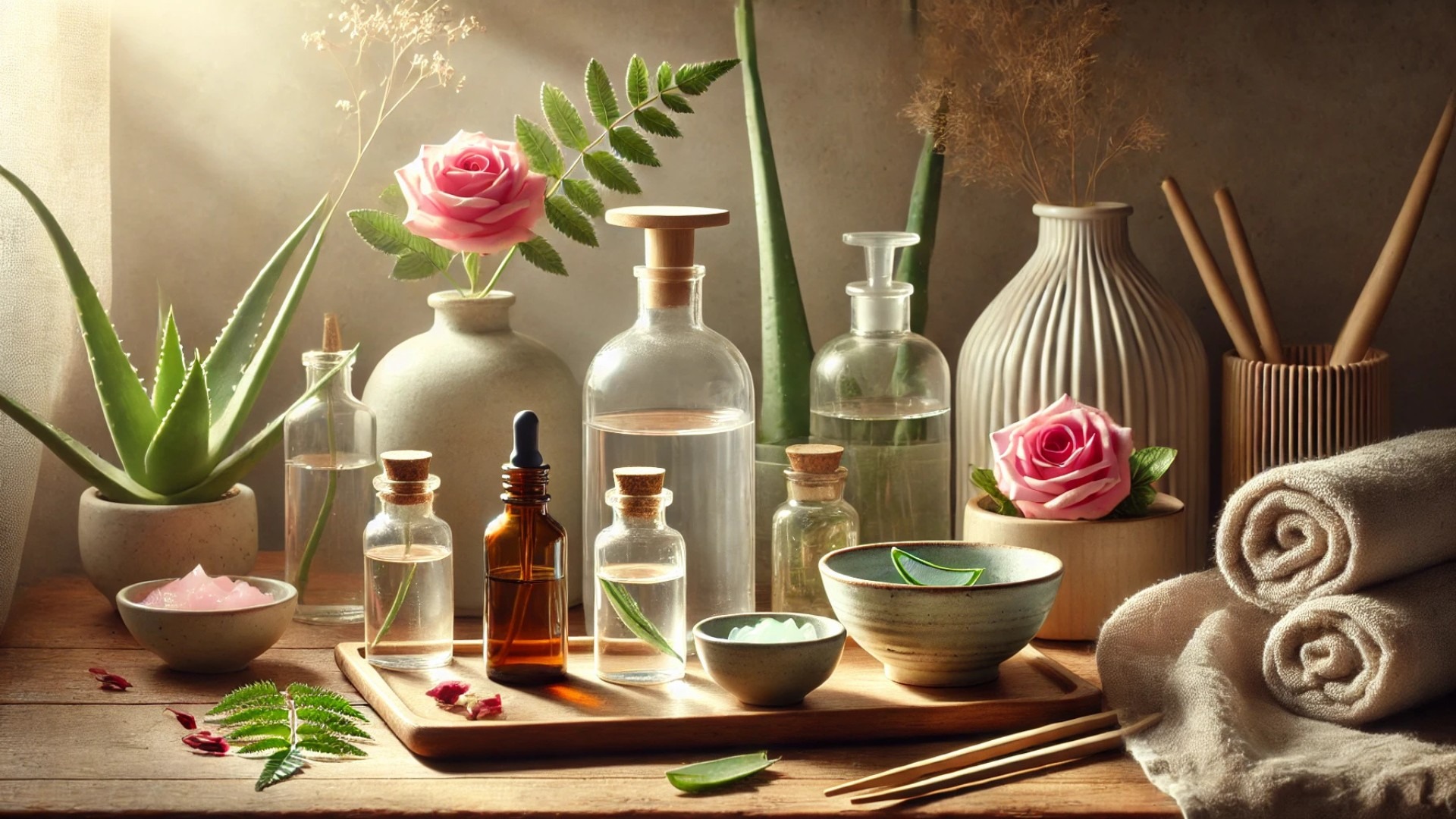 DIY toner ingredients displayed beautifully in a wellness-forward, realistic environment
