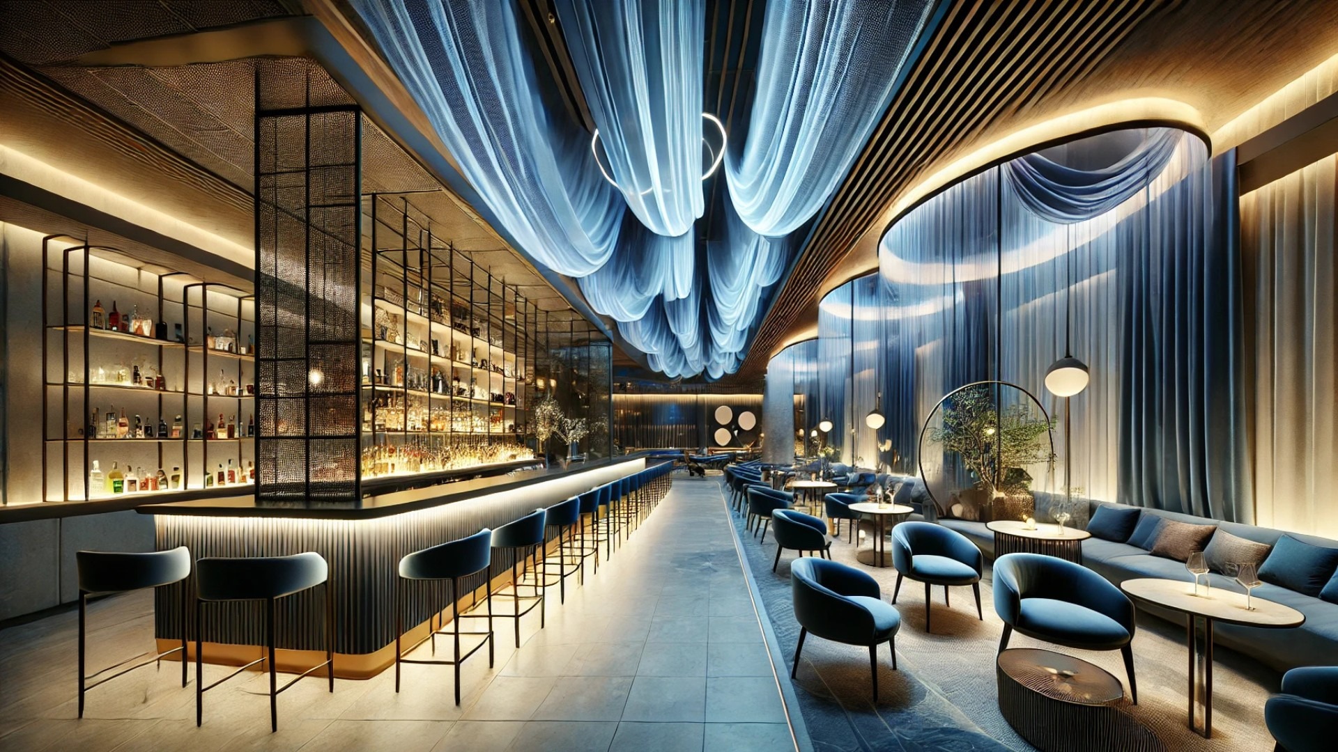 Elegant indigo fabric partitions in ROKUSHO Bar design, intimate ambiance.