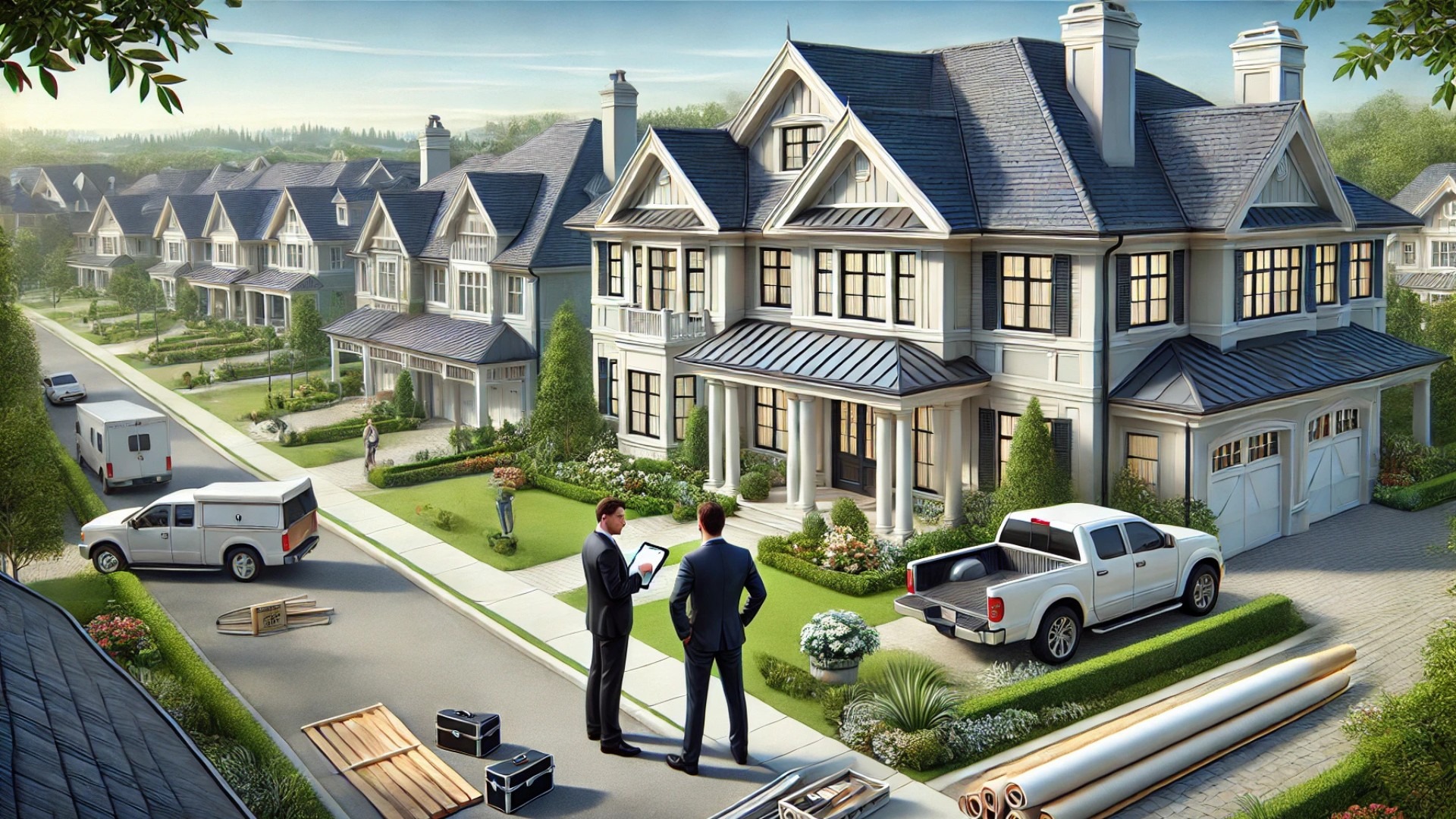 capturing the calm professionalism of managing a roof insurance claim in a refined, high-end neighborhood