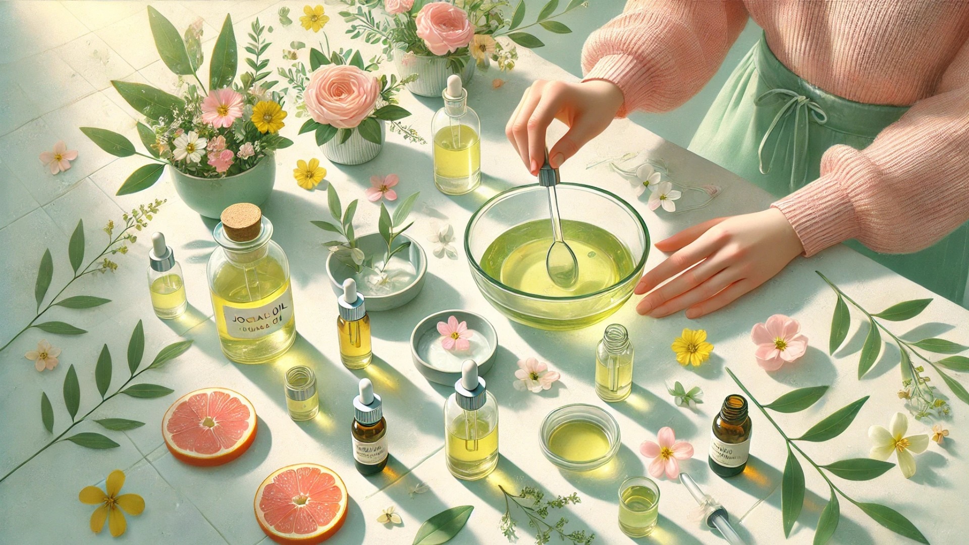 DIY facial oil scene, with delicate pastels, fresh ingredients, and the hands-on blending moment captured in a soft, sunlit ambiance