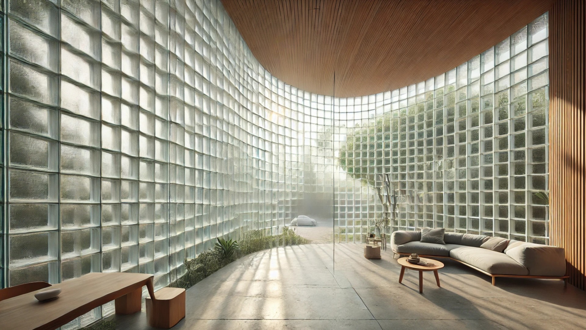 Crystal Pavilion House interior highlights the stunning glass brick wall, soft daylight, and serene atmosphere