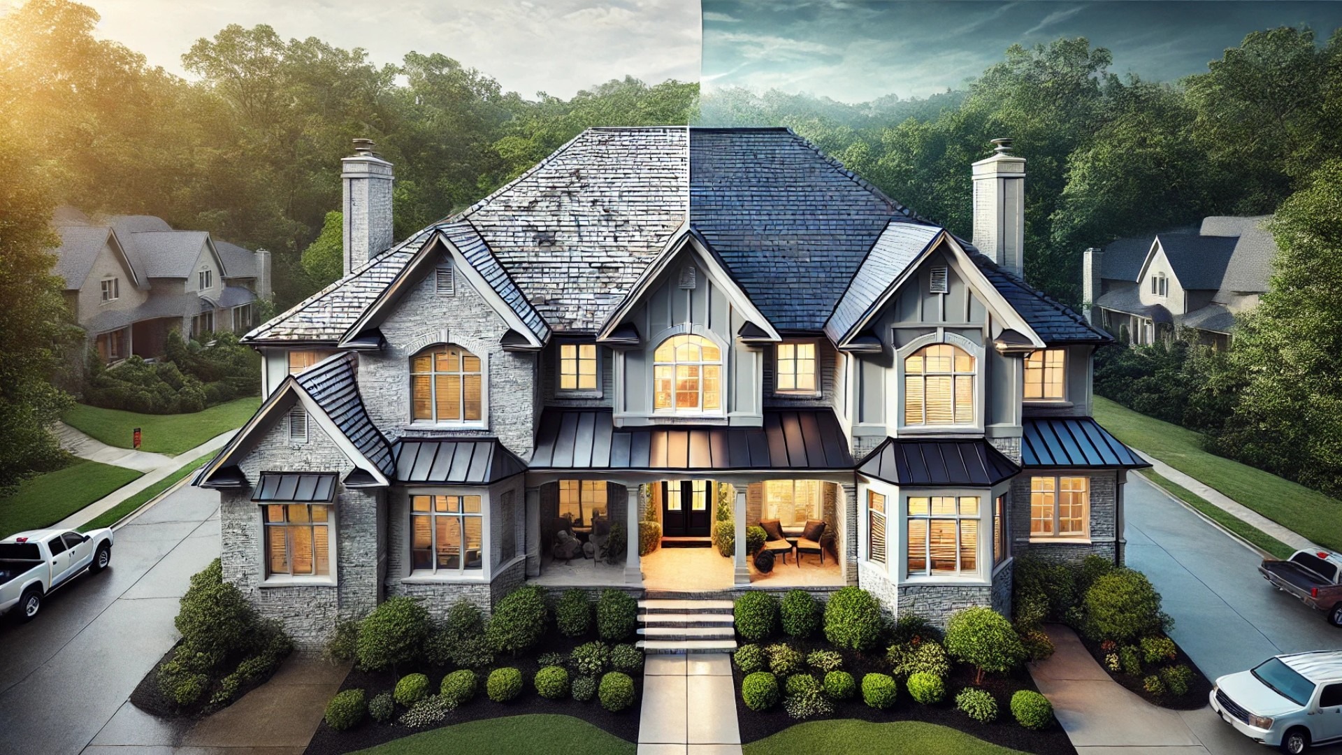 before-and-after visual comparison — aged shingles transformed into elegant slate, with curb appeal elevated 