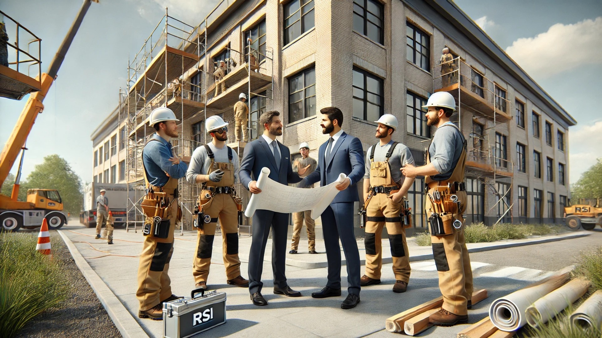 on-site consultation scene with RSI’s restoration crew and the building manager — captured in a moment of collaboration and planning