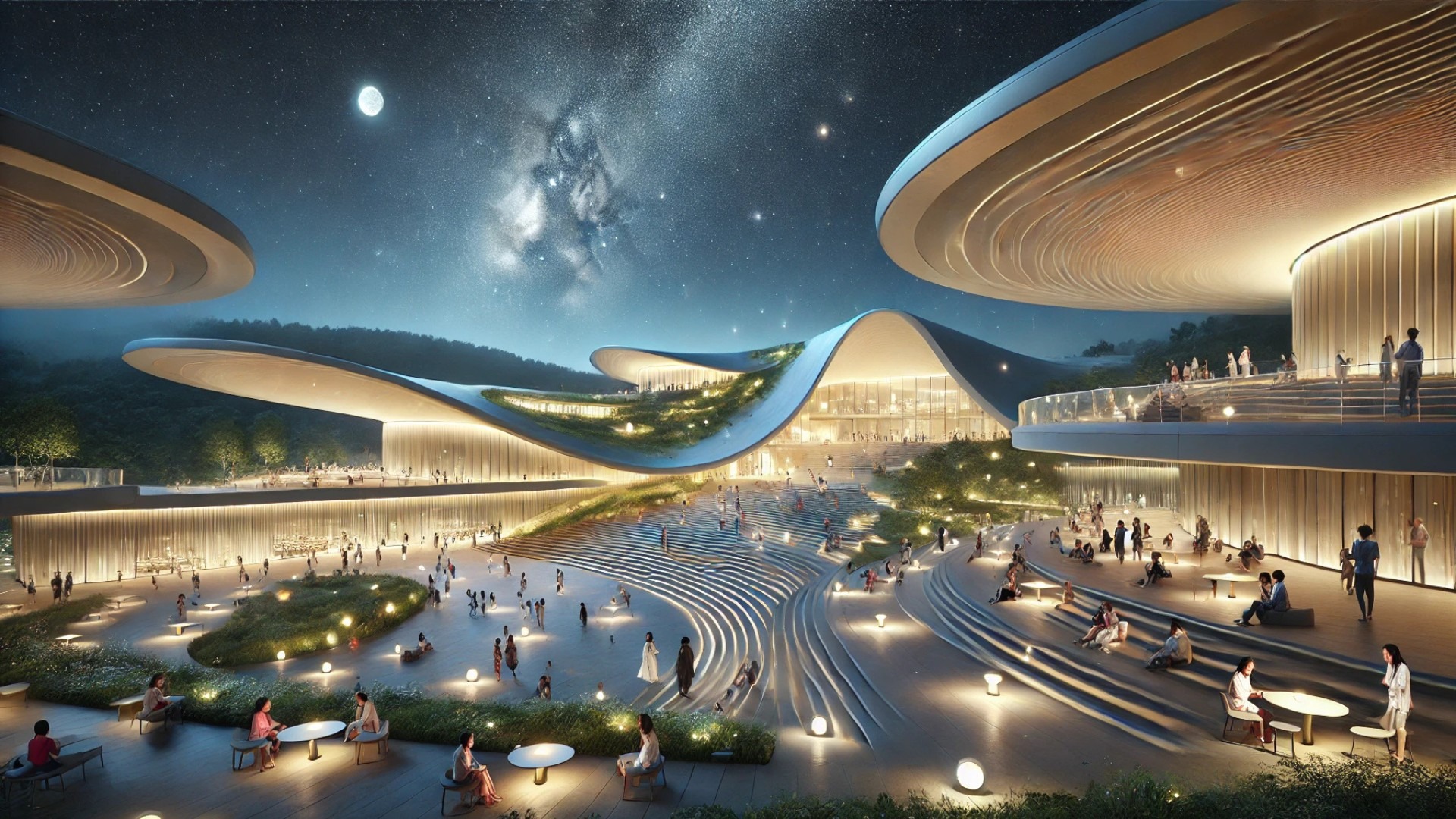 Sweeping architecture with curved concrete roofs in museum design.