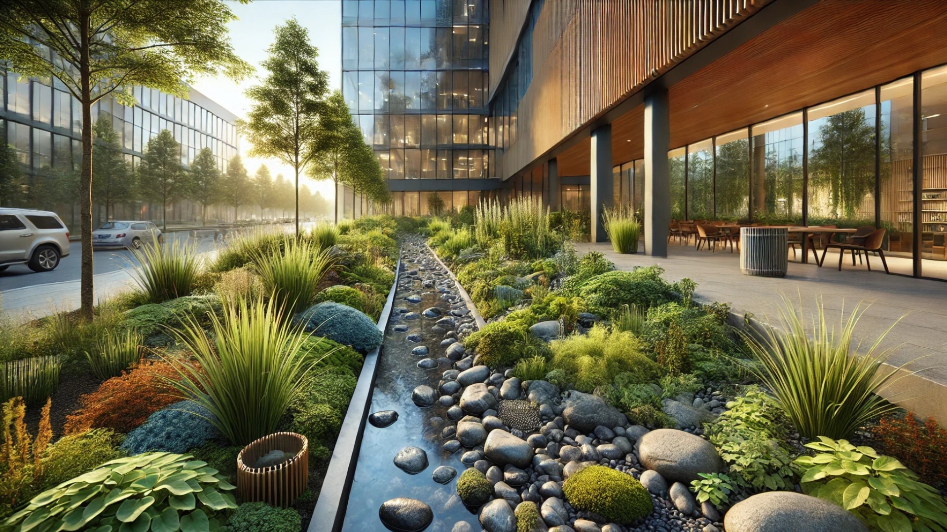 a serene, sustainable architectural vision — highlighting the lush native plants, stone-lined basin, and eco-friendly water management features