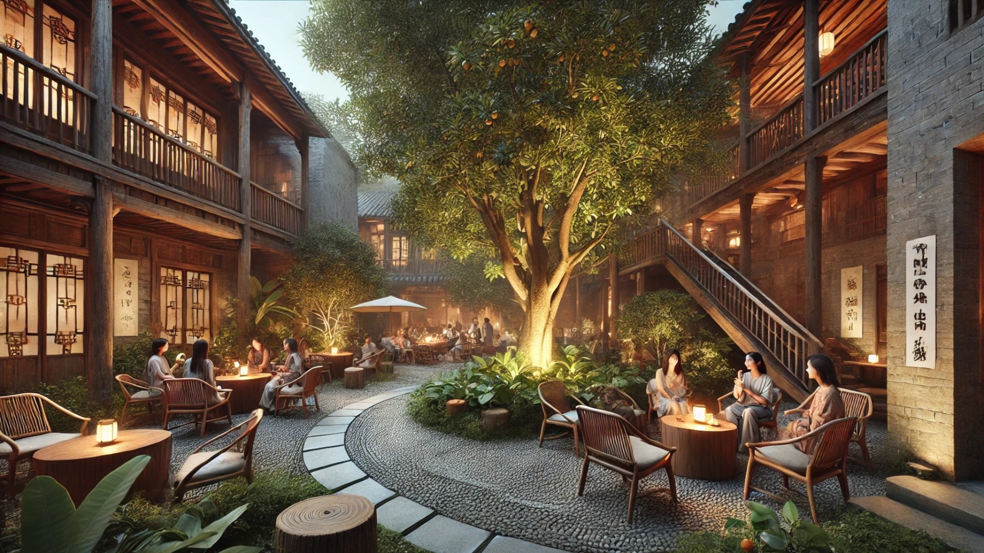 Reviving courtyard traditions, showing guests gathered around the tree bases at Lei Homestay