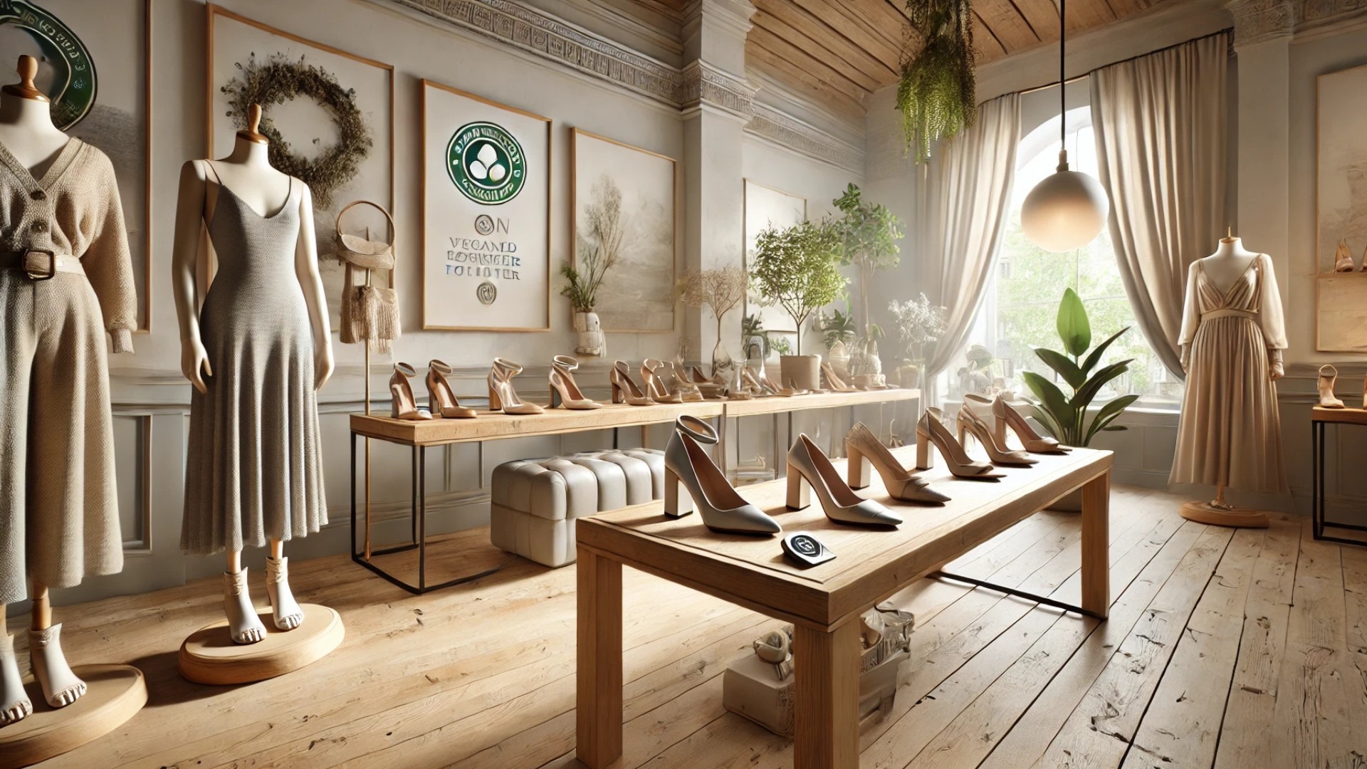 showcasing eco-friendly heels and pumps in a serene, sophisticated setting
