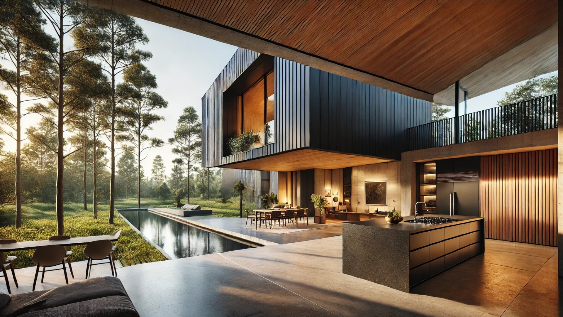 visionary modern home in Warsaw — featuring the bold black metal facade, warm wood accents, operable gable window, and serene Japandi-style interiors