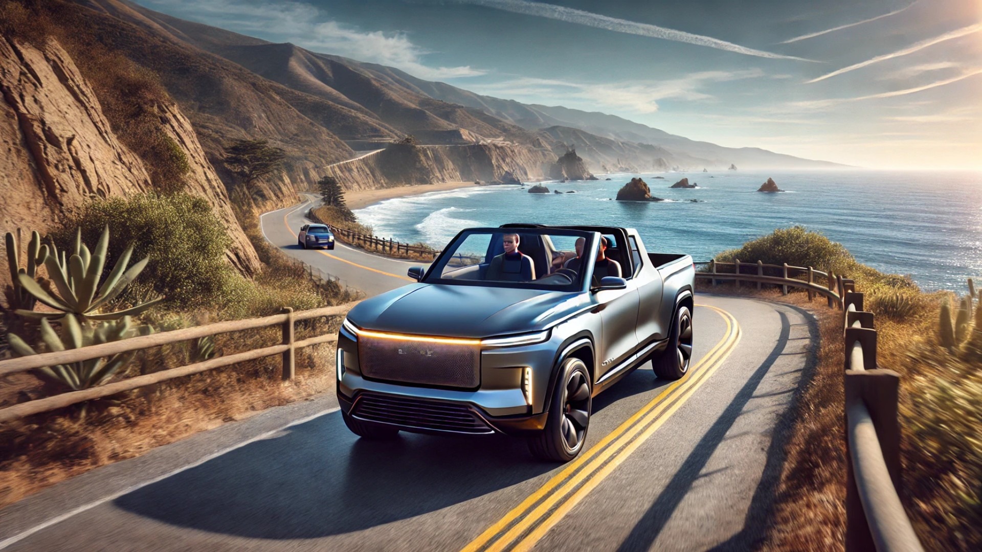 Slate in its open-air roadster setup, cruising along a beautiful coastal road