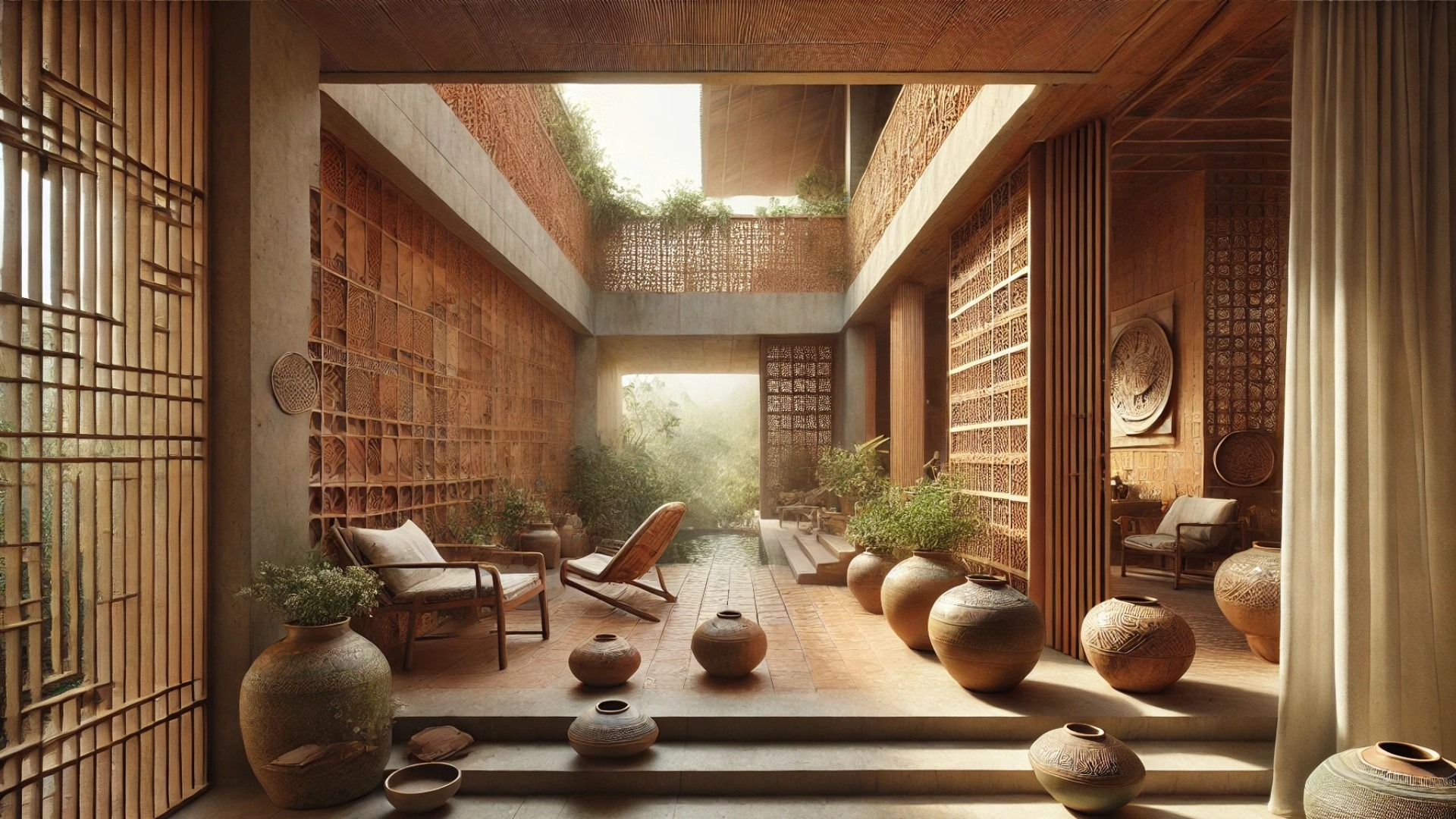 serene transition from the open veranda into one of the Earthenware House's terracotta volumes