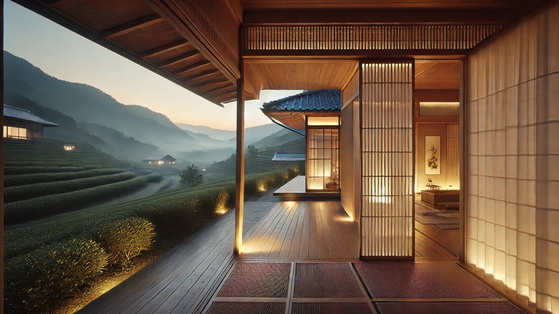 graceful transition from Villa Nagiso’s interior to its peaceful veranda — with dusk light glowing across the serene landscape