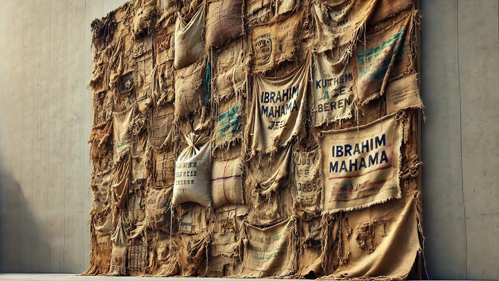 Ibrahim Mahama art installation with jute sack veil at Kunsthalle Bern.