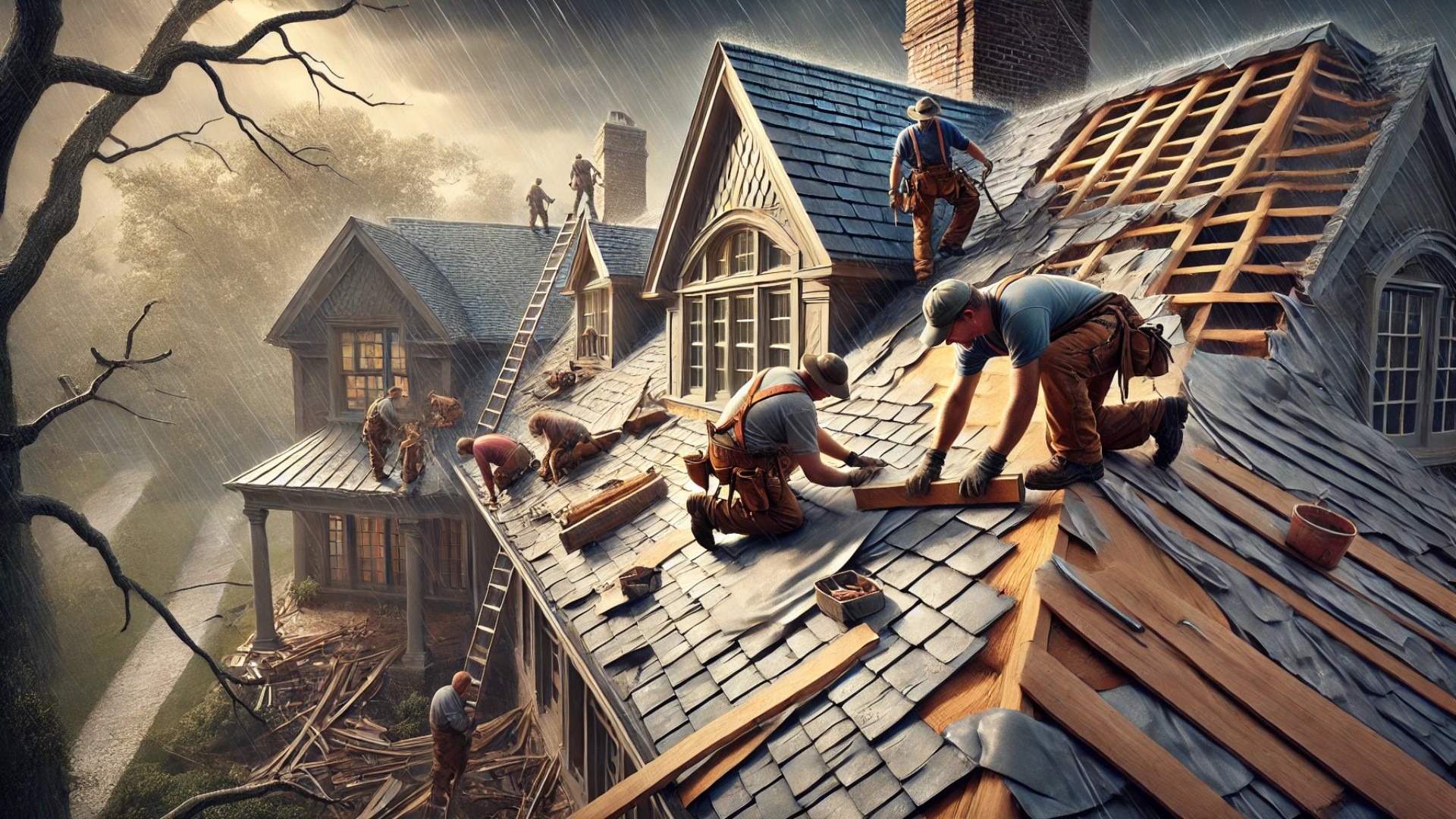 master artisans at work restoring a storm-damaged roof