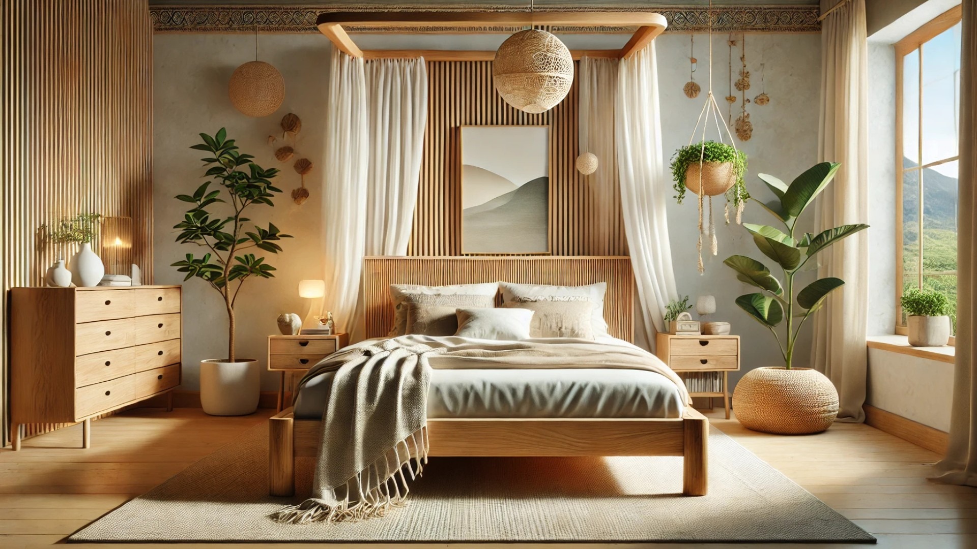 eco-conscious bedroom featuring a non-toxic, FSC-certified wood bed frame and natural, wellness-oriented design elements